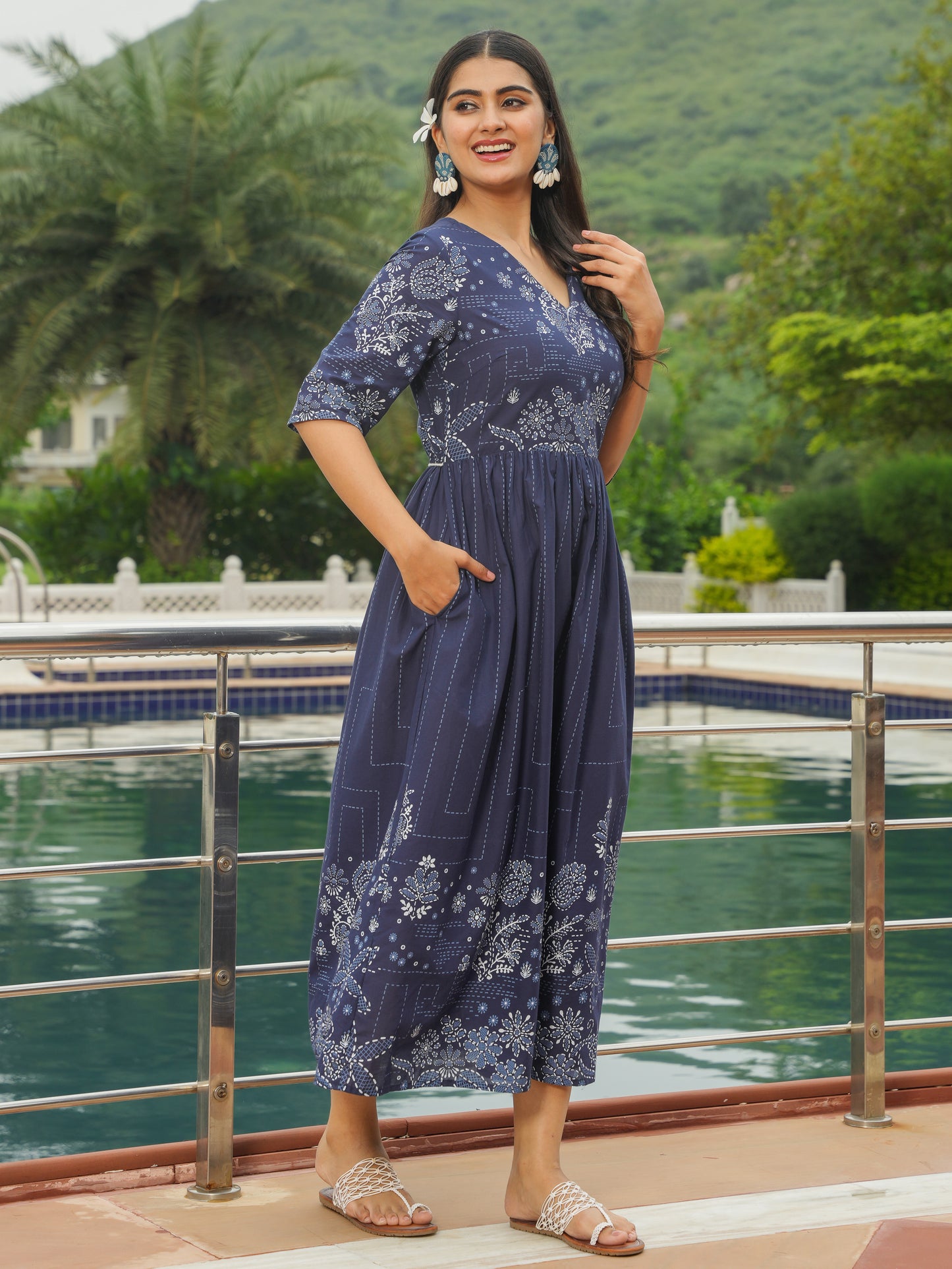 Soft Cotton Patchwork A-line Blue Dress