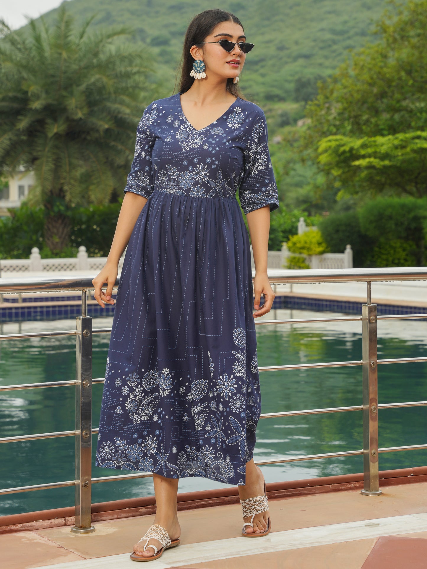 Soft Cotton Patchwork A-line Blue Dress
