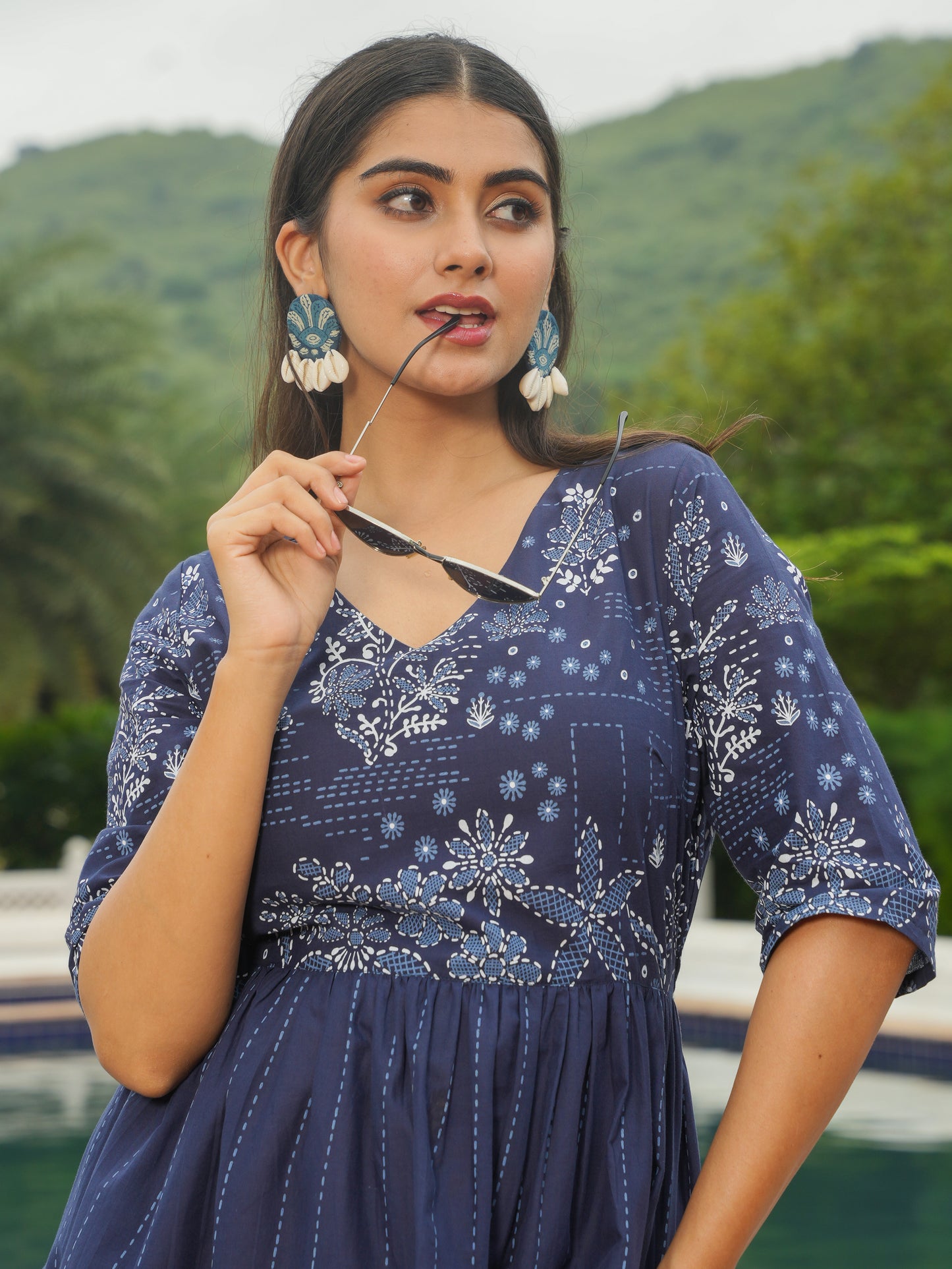 Soft Cotton Patchwork A-line Blue Dress