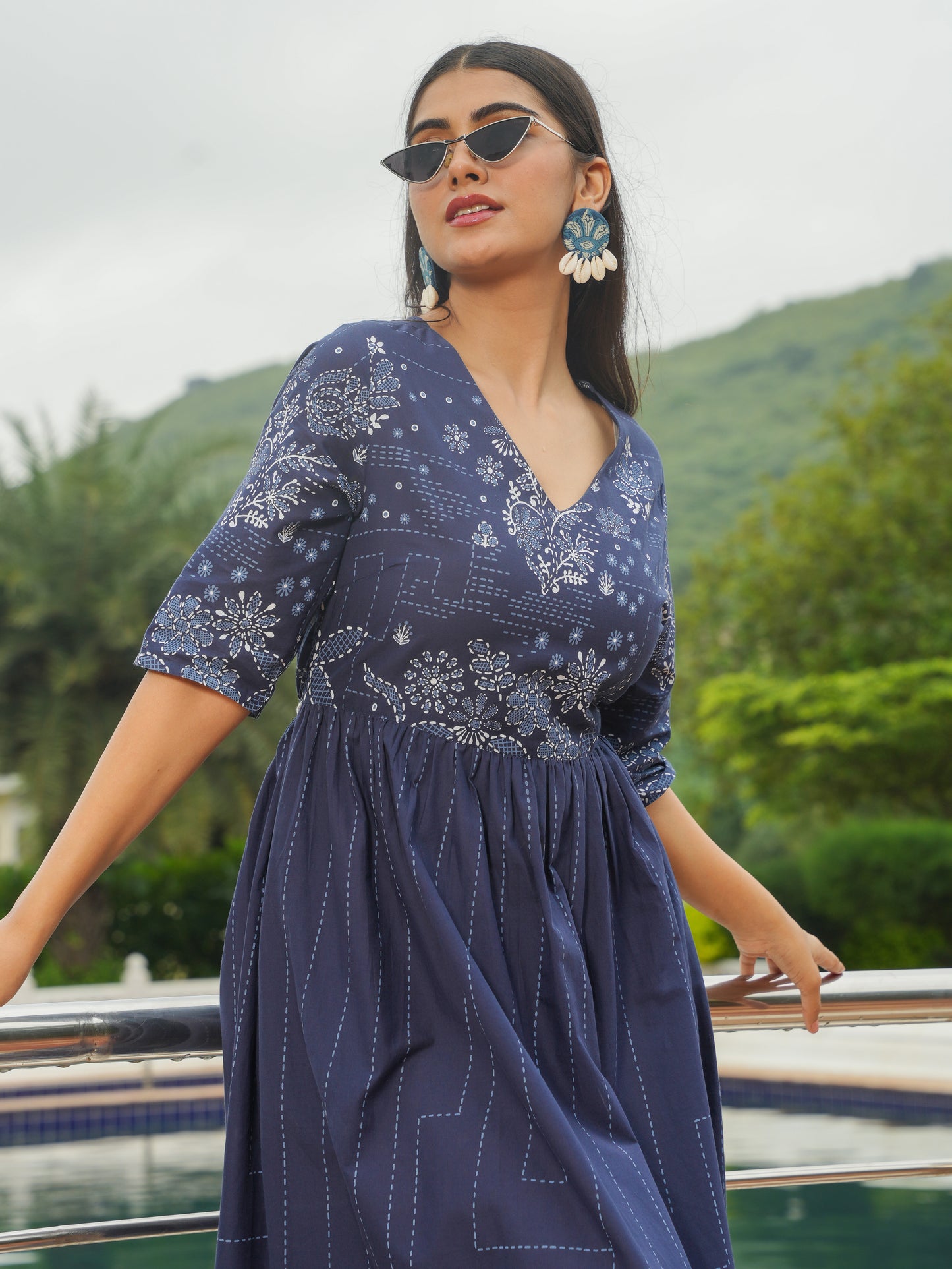 Soft Cotton Patchwork A-line Blue Dress