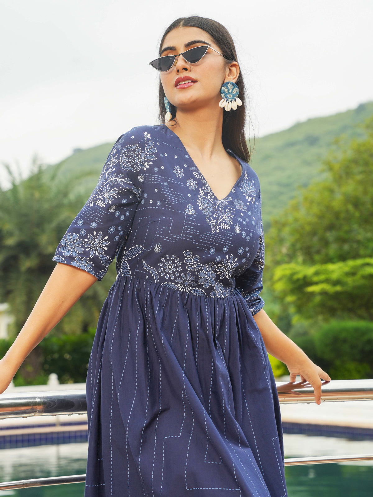 Soft Cotton Patchwork A-line Blue Dress