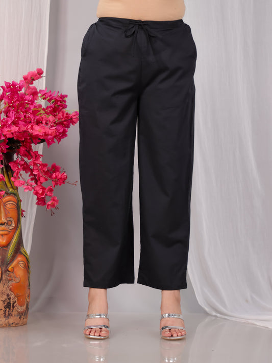 Soft Cotton Solid Black Straight Straight Trousers