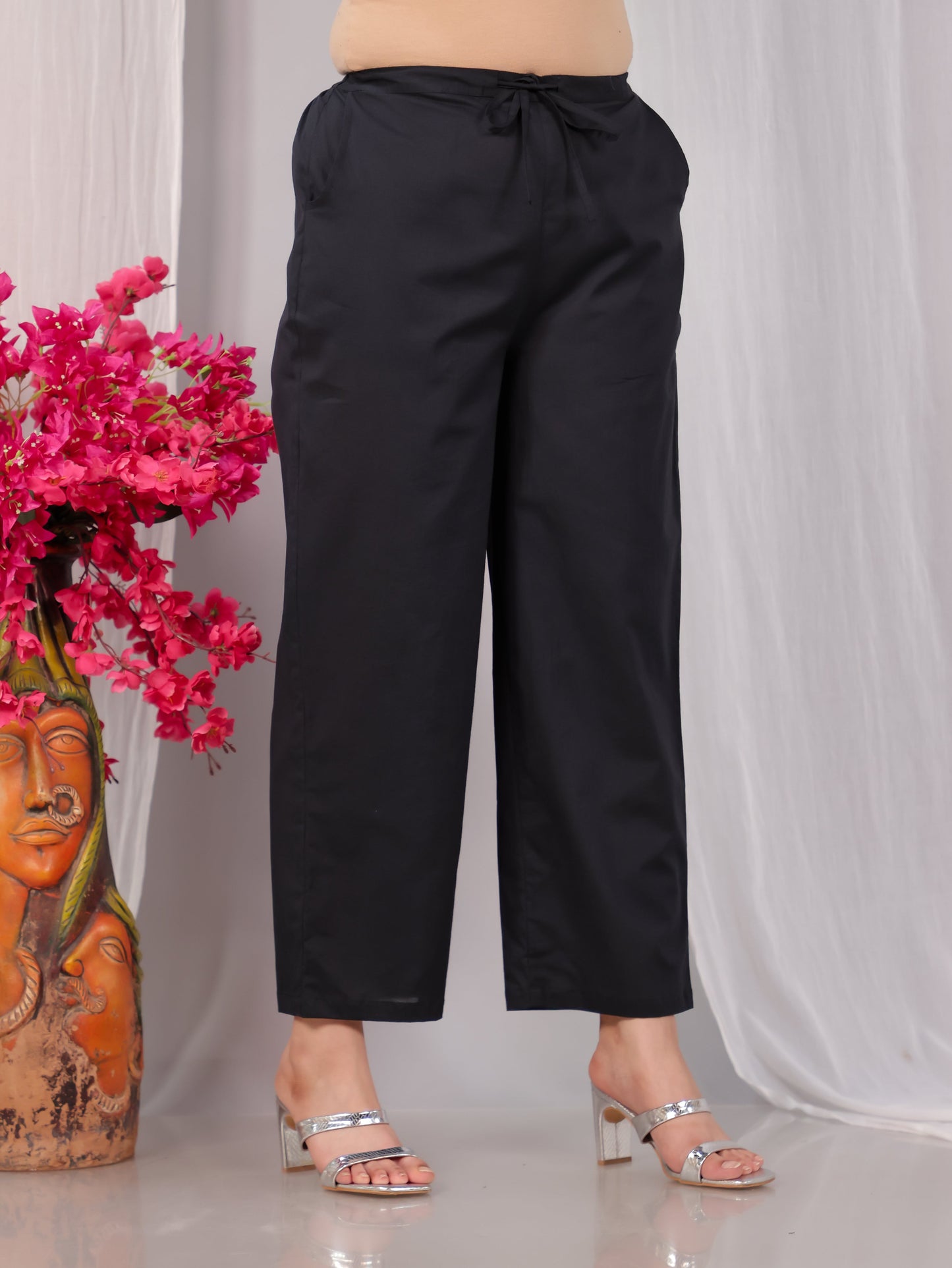 Soft Cotton Solid Black Straight Straight Trousers