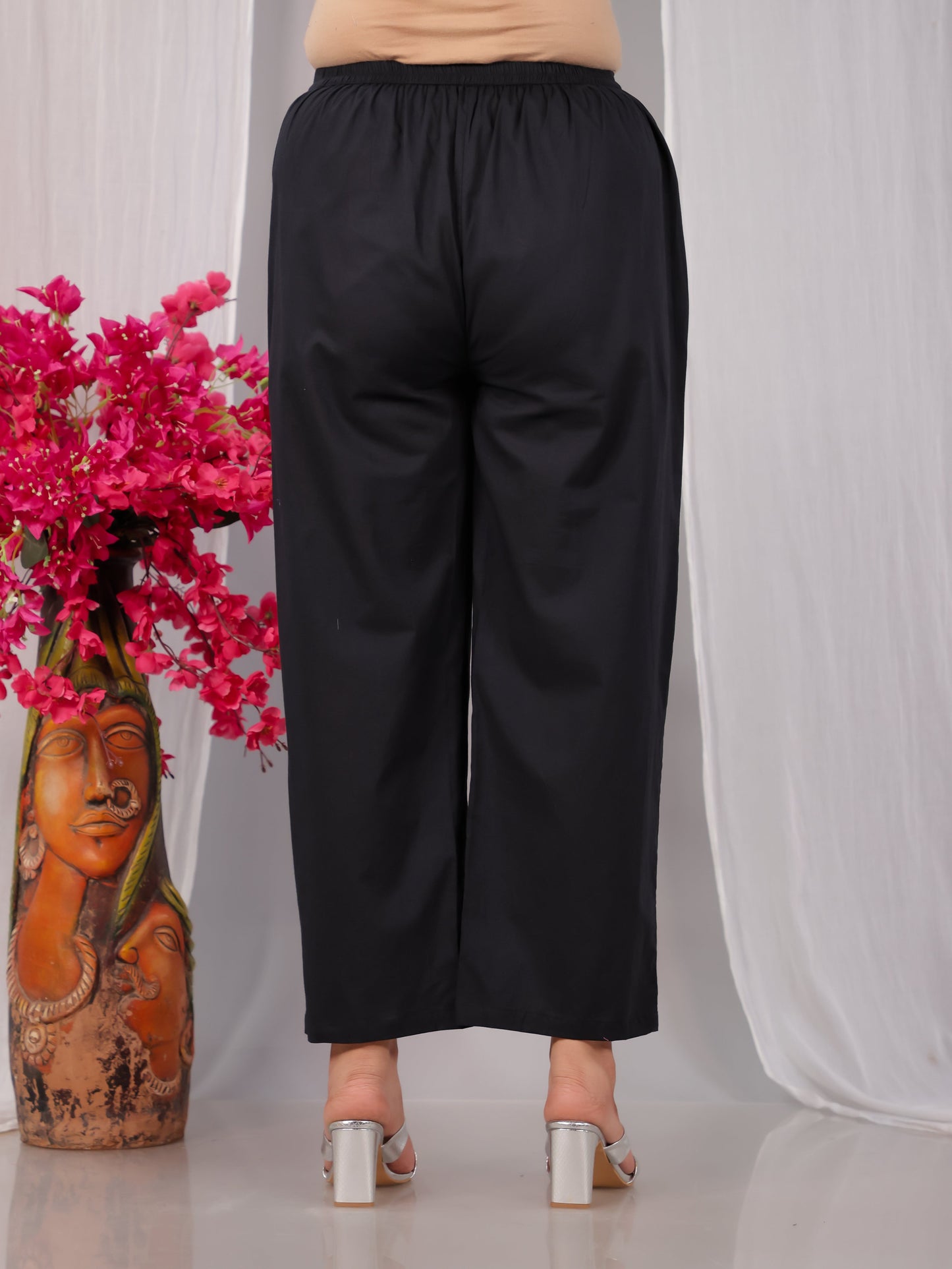 Soft Cotton Solid Black Straight Straight Trousers