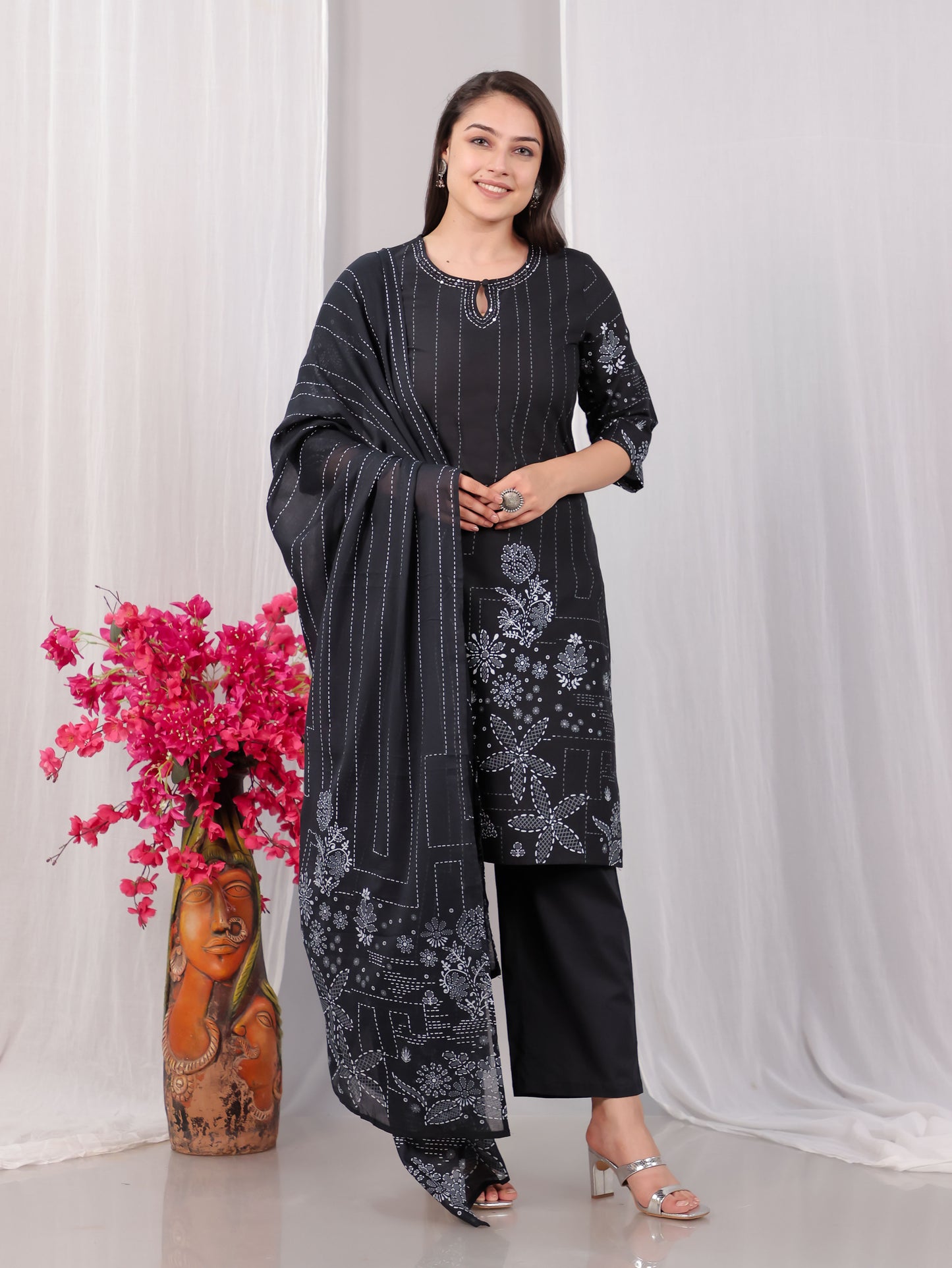 Cotton Voile Floral Black Dupatta