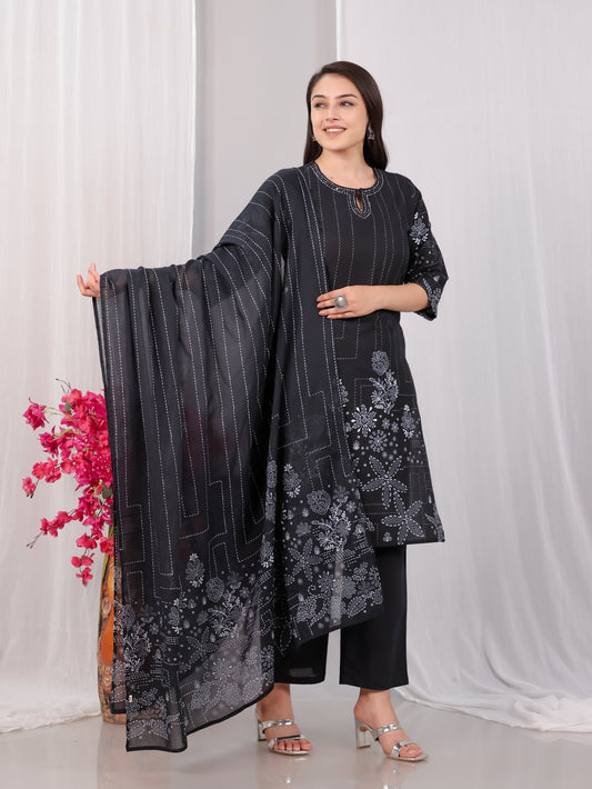 Cotton Voile Floral Black Dupatta