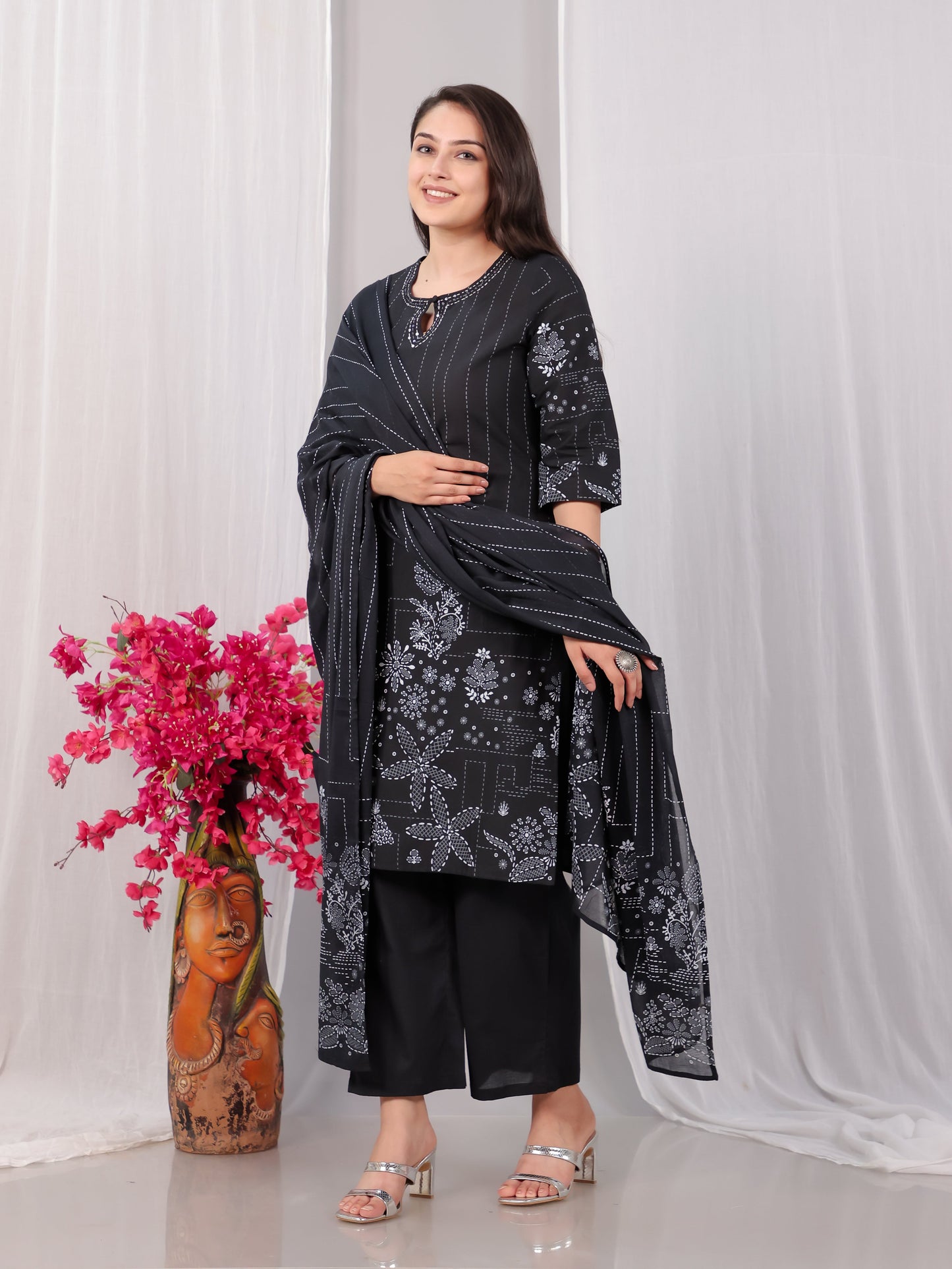 Cotton Voile Floral Black Dupatta