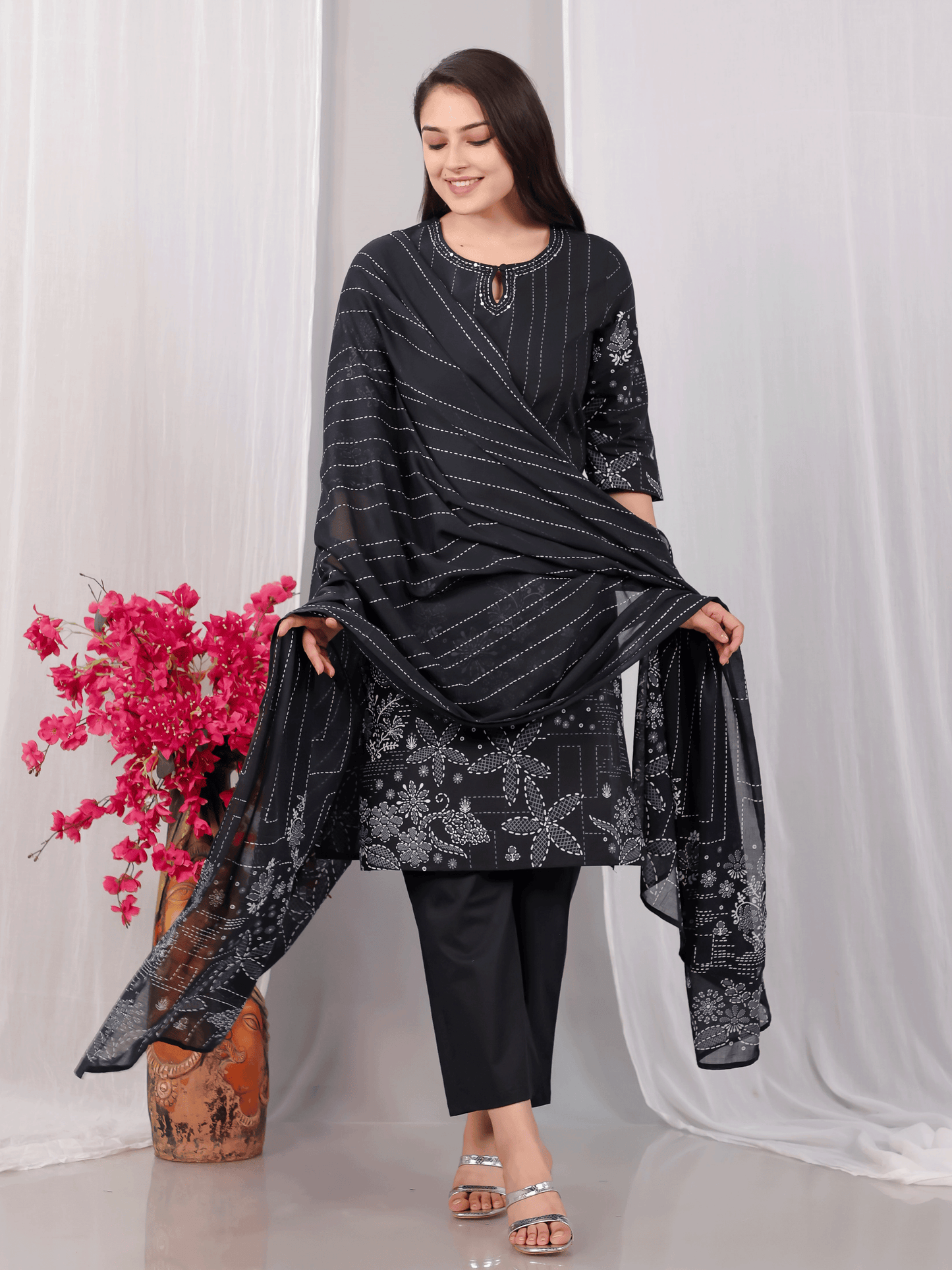 Cotton Voile Floral Black Dupatta