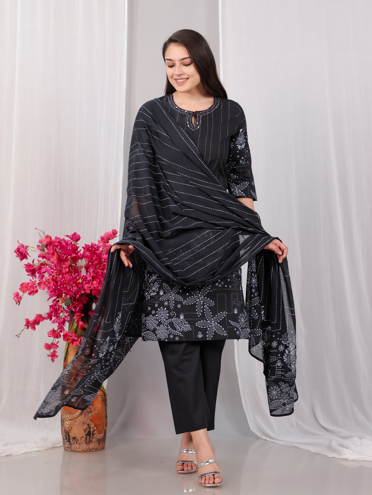 Cotton Voile Floral Black Dupatta