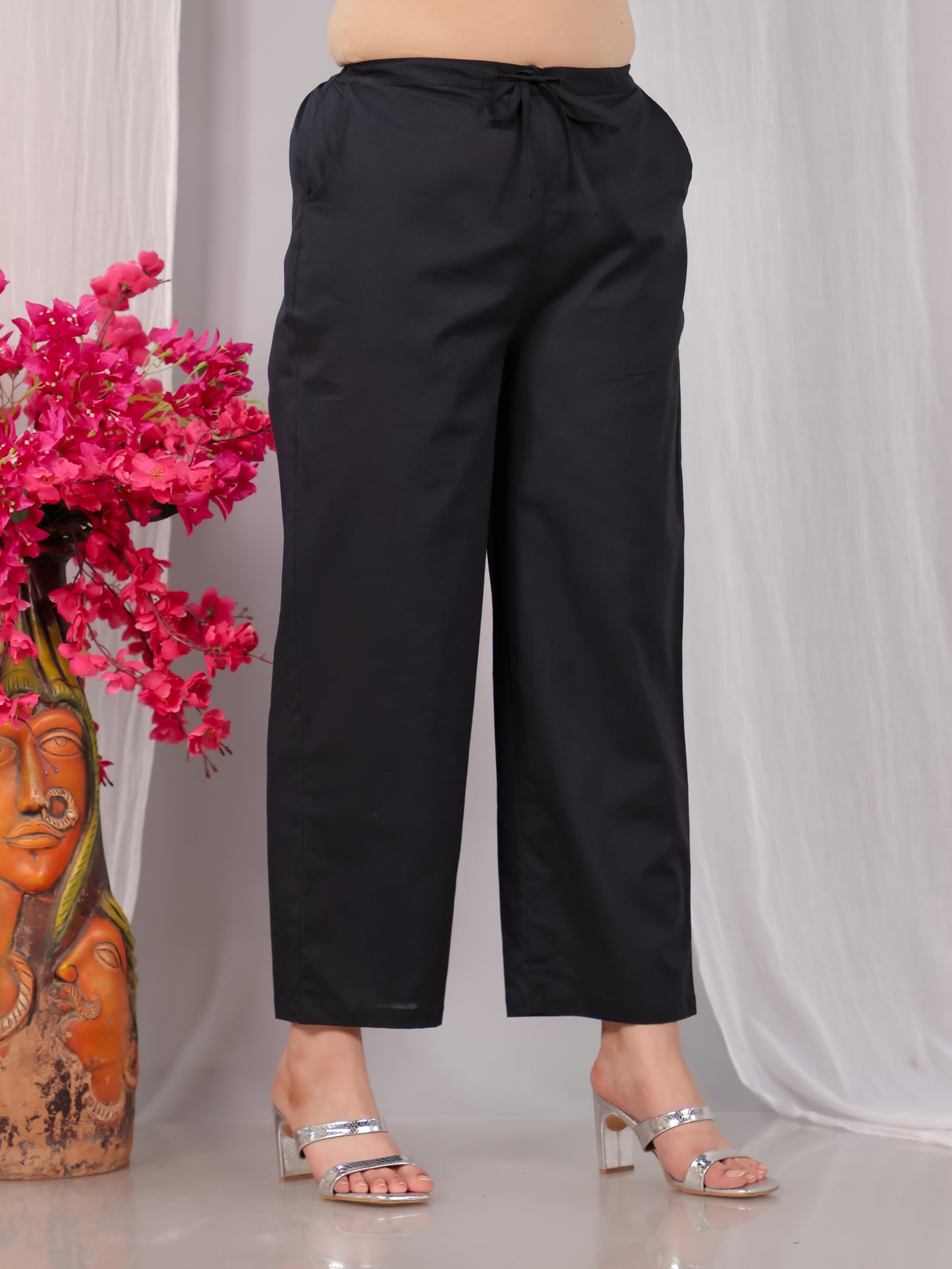 Embroidered Soft Cotton Placement Print Straight Black Kurta