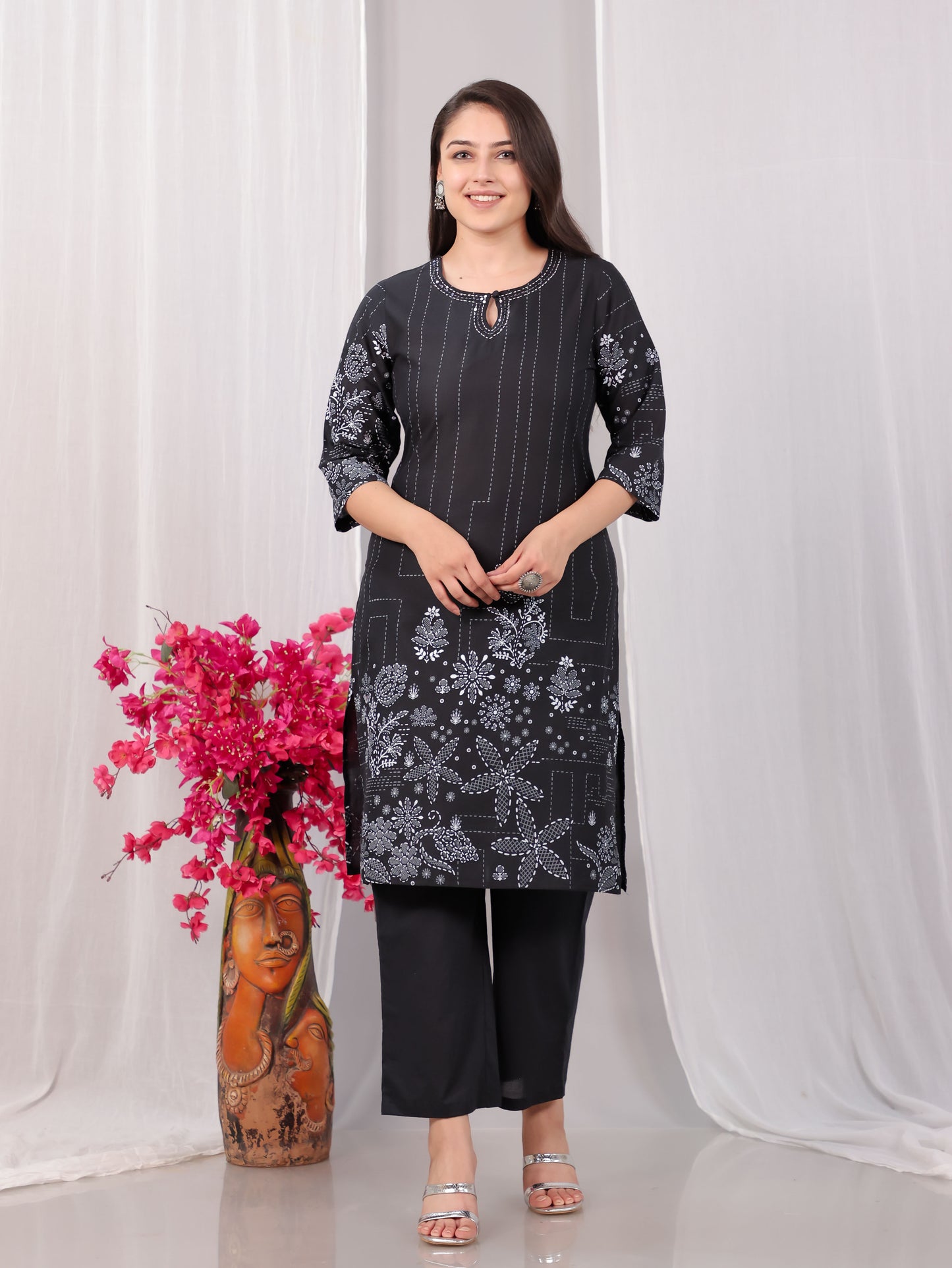 Embroidered Soft Cotton Placement Print Straight Black Kurta