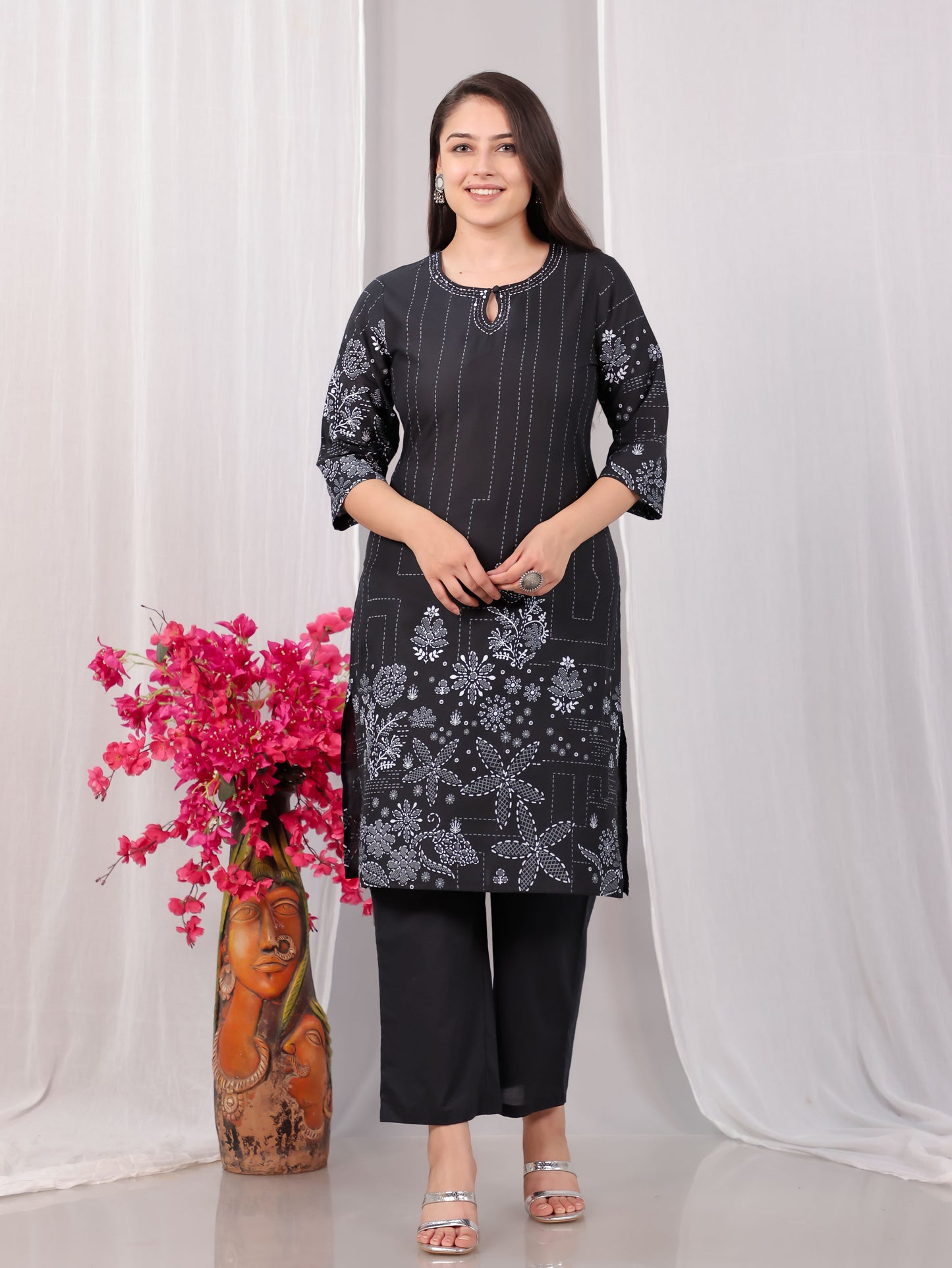 Embroidered Soft Cotton Placement Print Straight Black Kurta