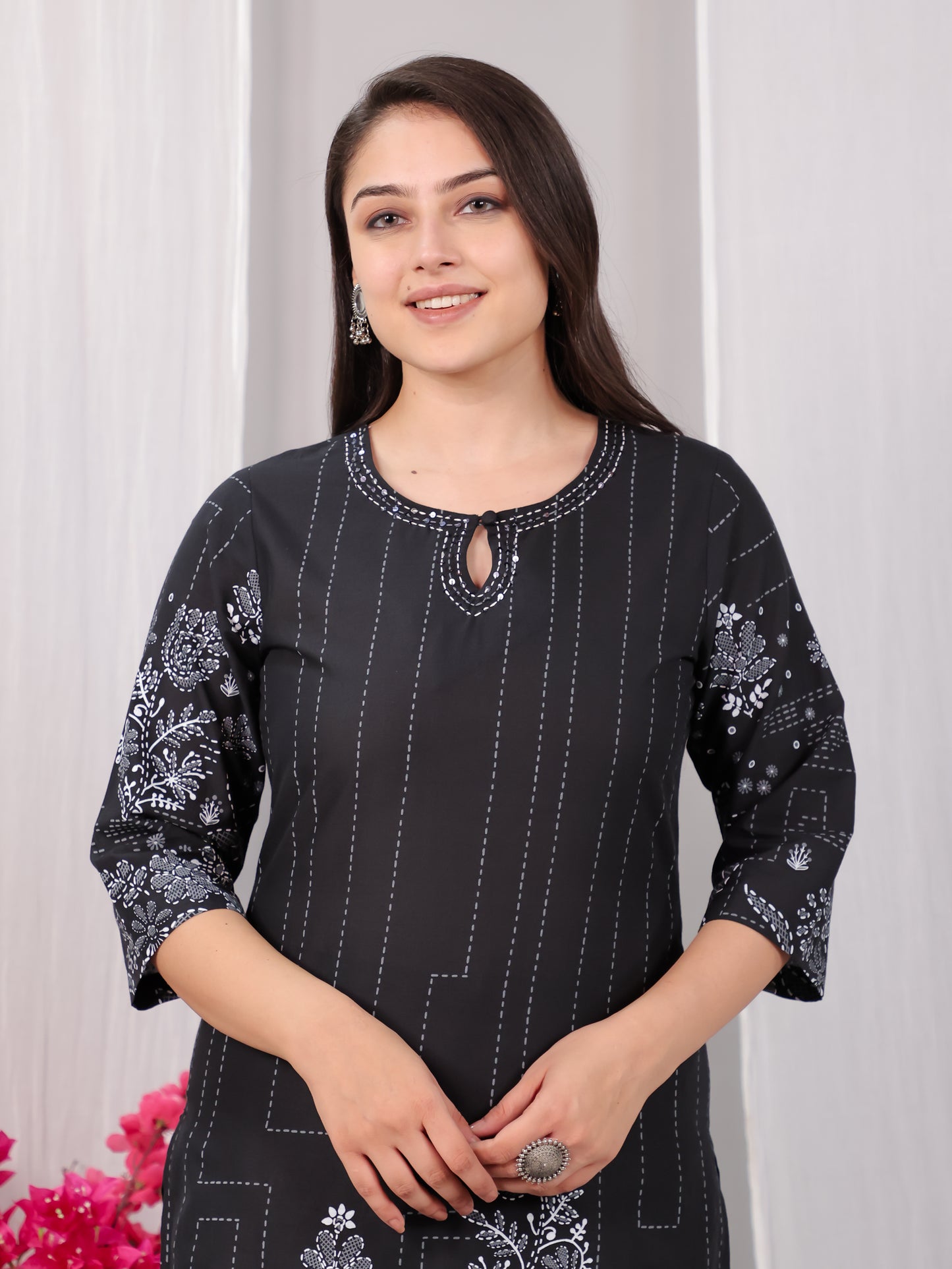 Embroidered Soft Cotton Placement Print Straight Black Kurta