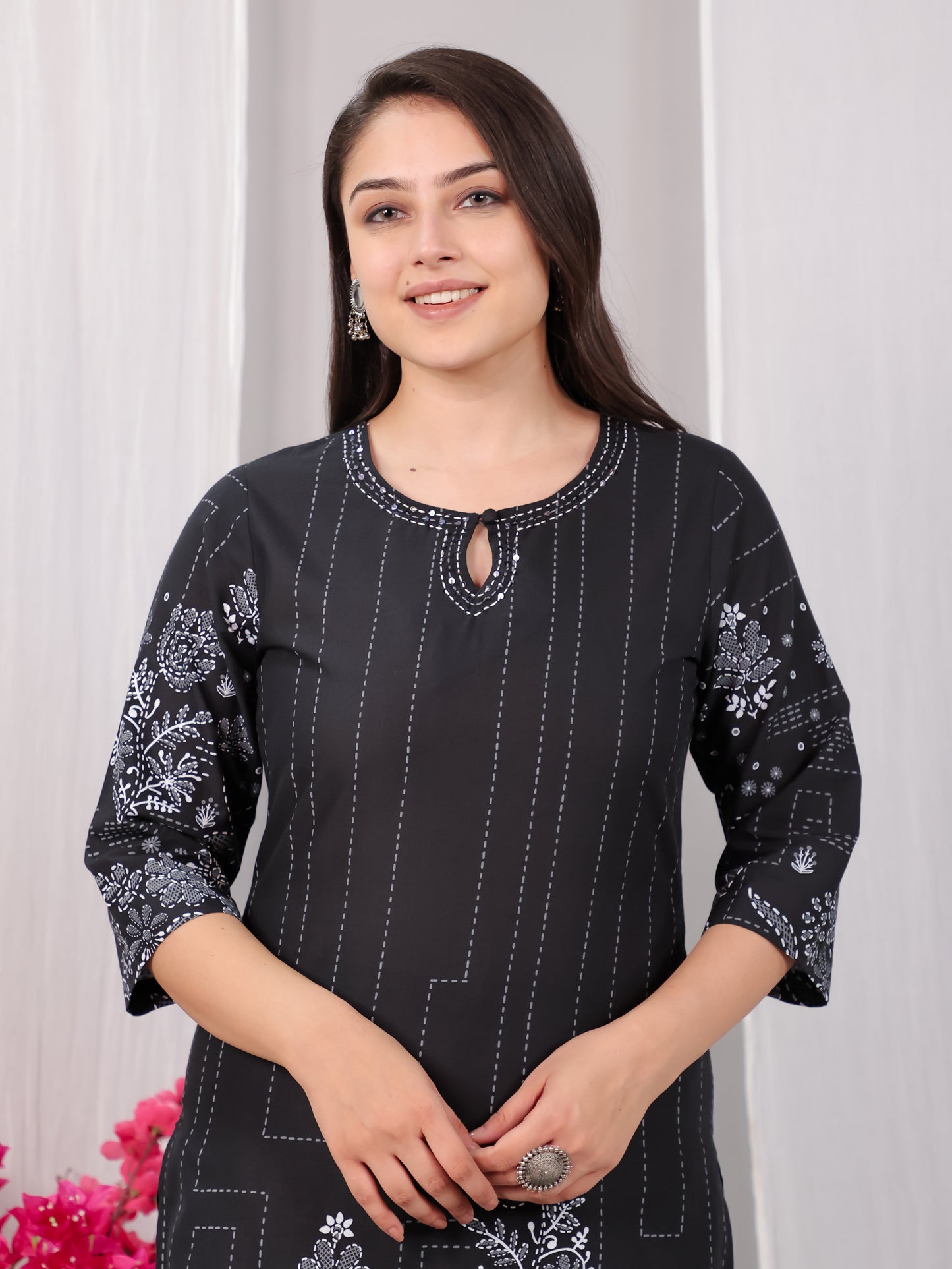 Embroidered Soft Cotton Placement Print Straight Black Kurta