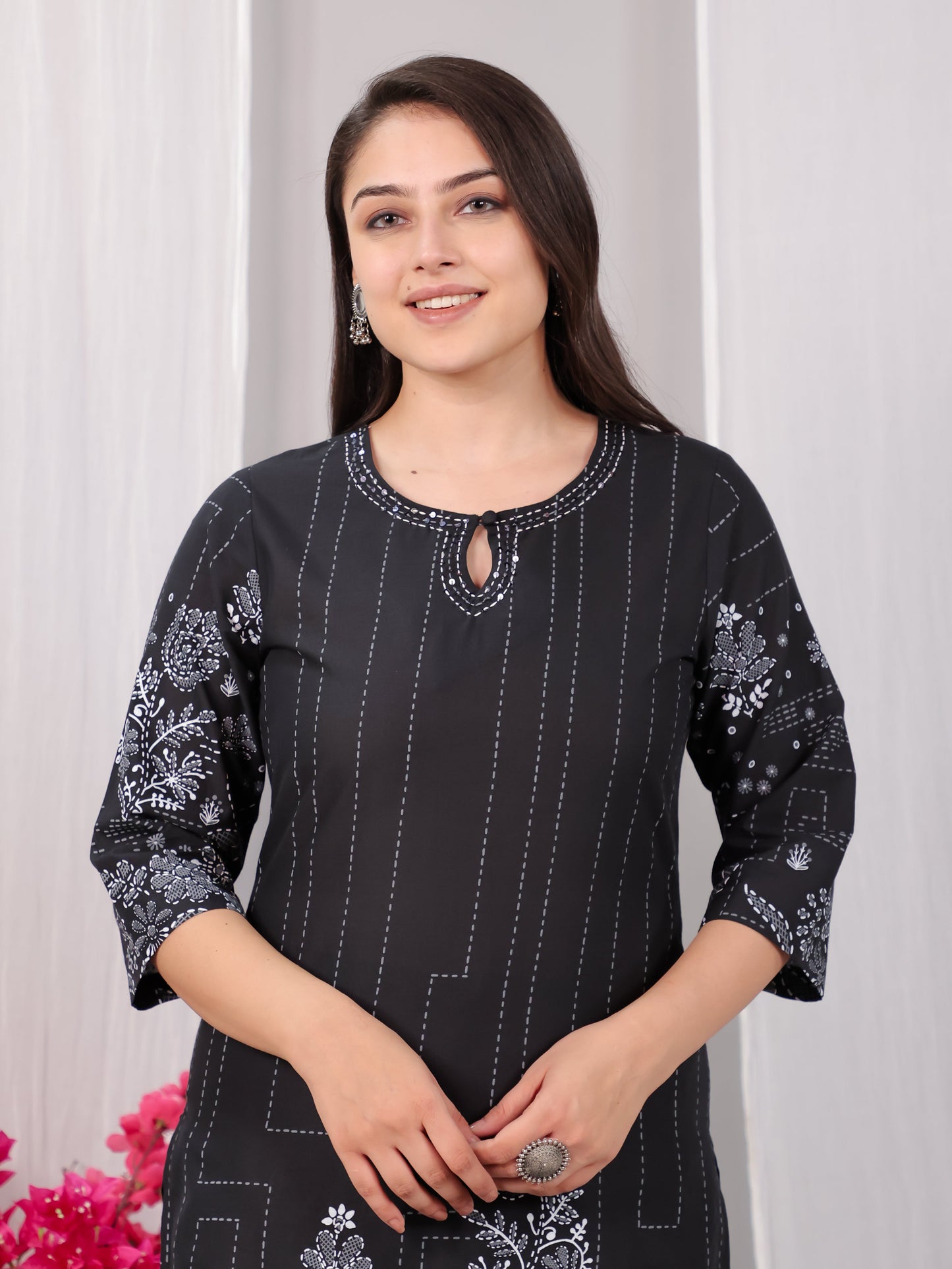 Embroidered Soft Cotton Placement Print Straight Black Kurta