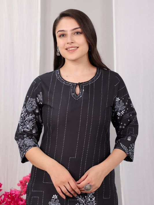 Embroidered Soft Cotton Placement Print Straight Black Kurta