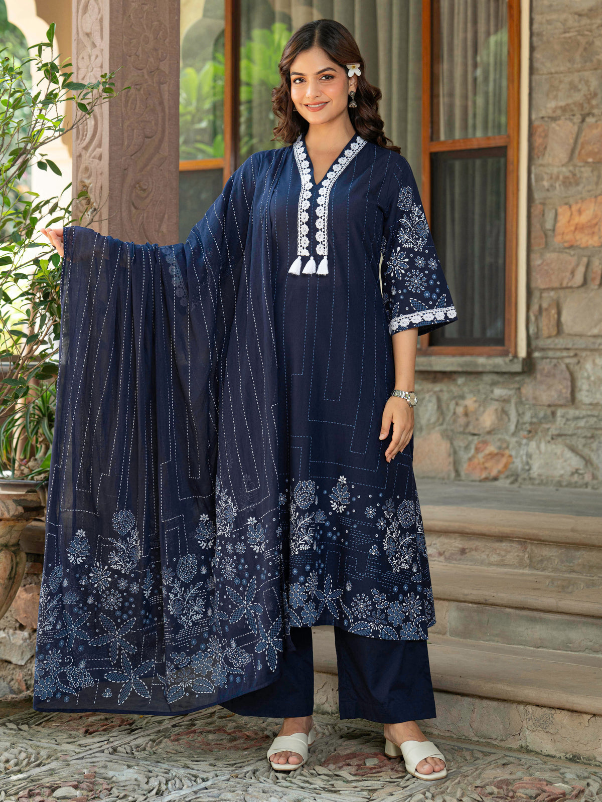 Cotton Voile Floral Blue Dupatta
