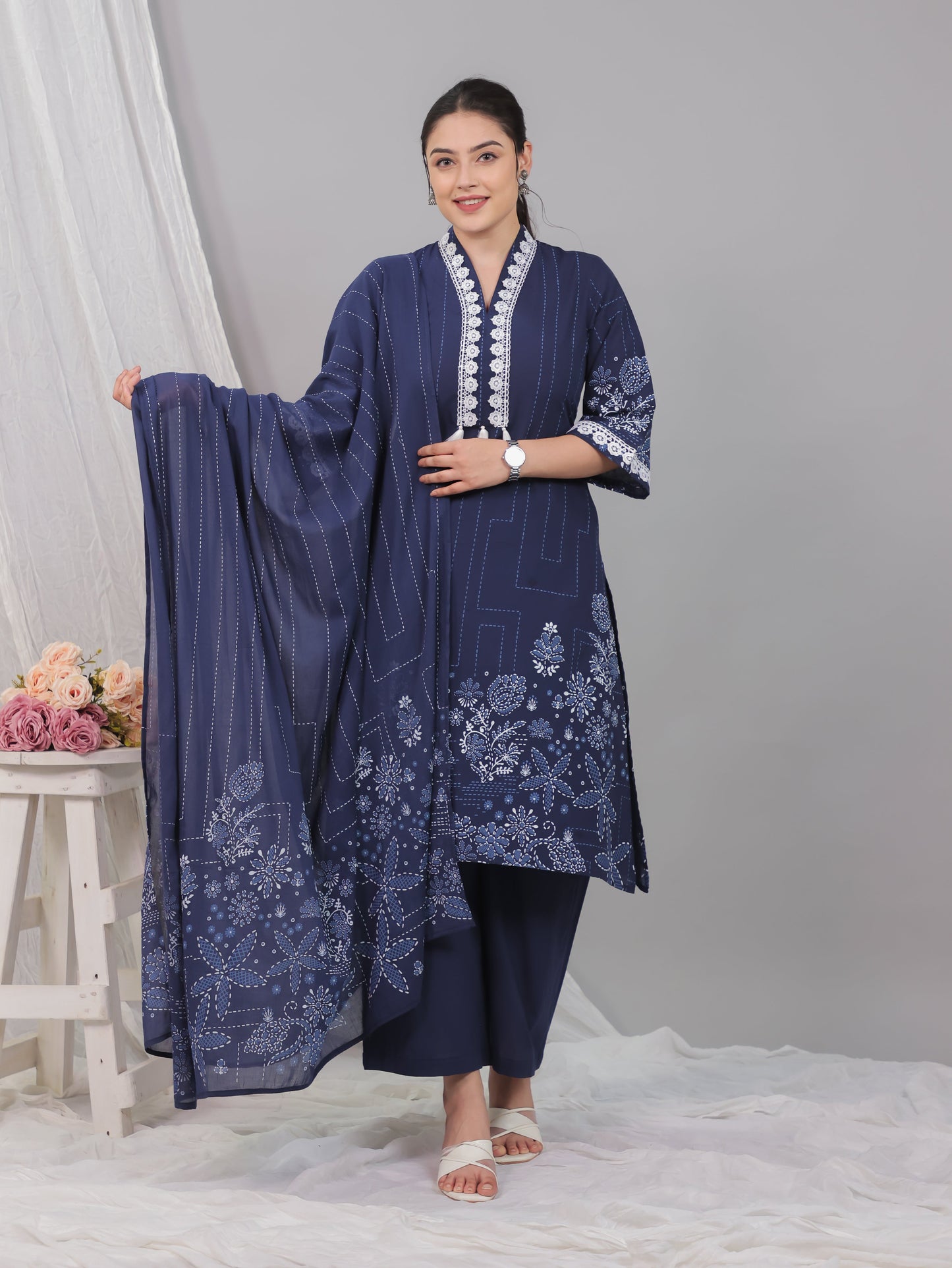 Cotton Voile Floral Blue Dupatta