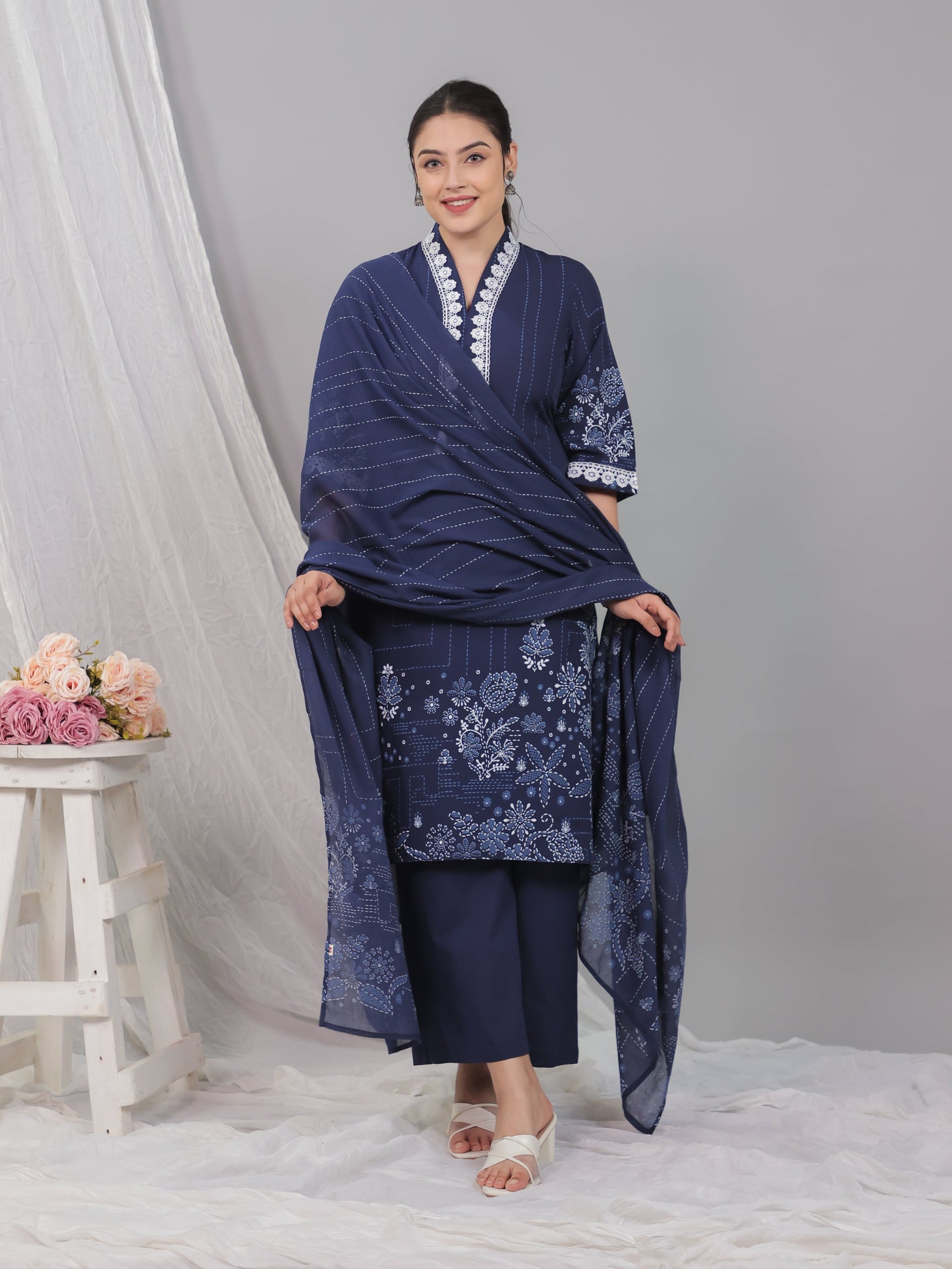 Cotton Voile Floral Blue Dupatta