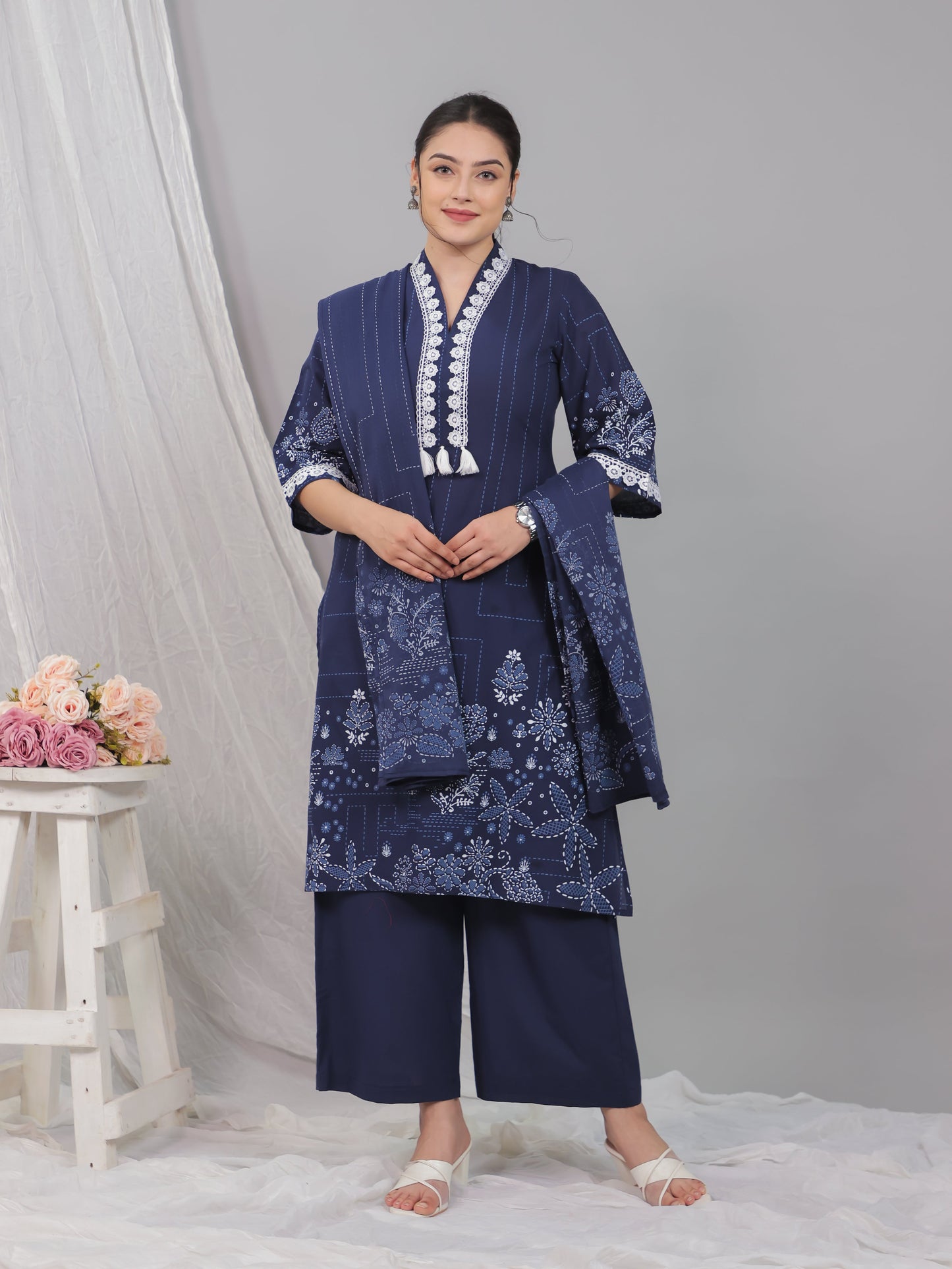 Cotton Voile Floral Blue Dupatta
