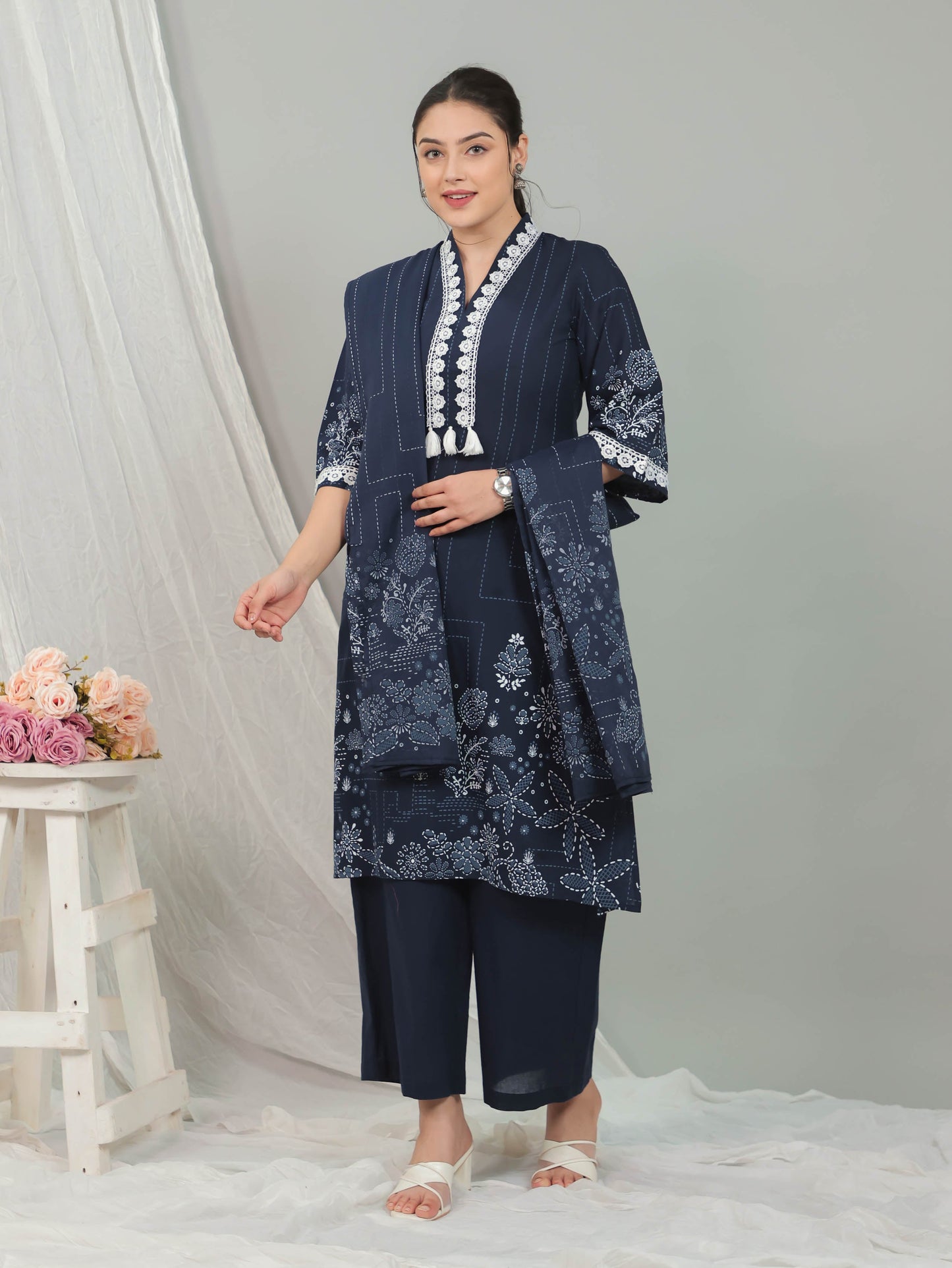 Soft Cotton Placement Print A-line Blue Kurta