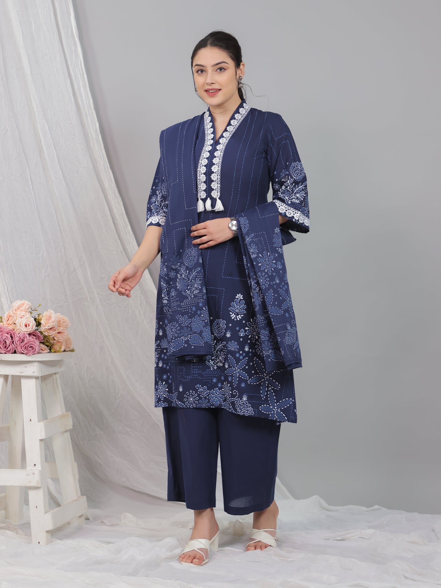 Soft Cotton Placement Print A-line Blue Kurta