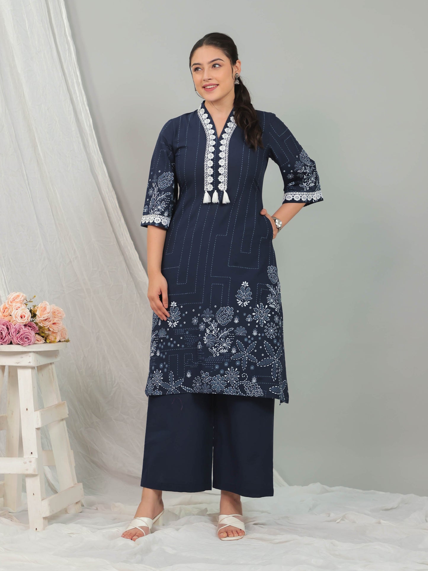 Soft Cotton Placement Print A-line Blue Kurta