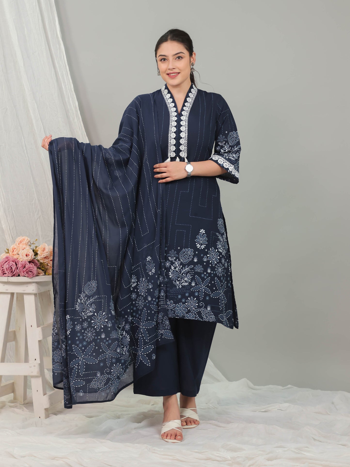 Soft Cotton Placement Print A-line Blue Kurta