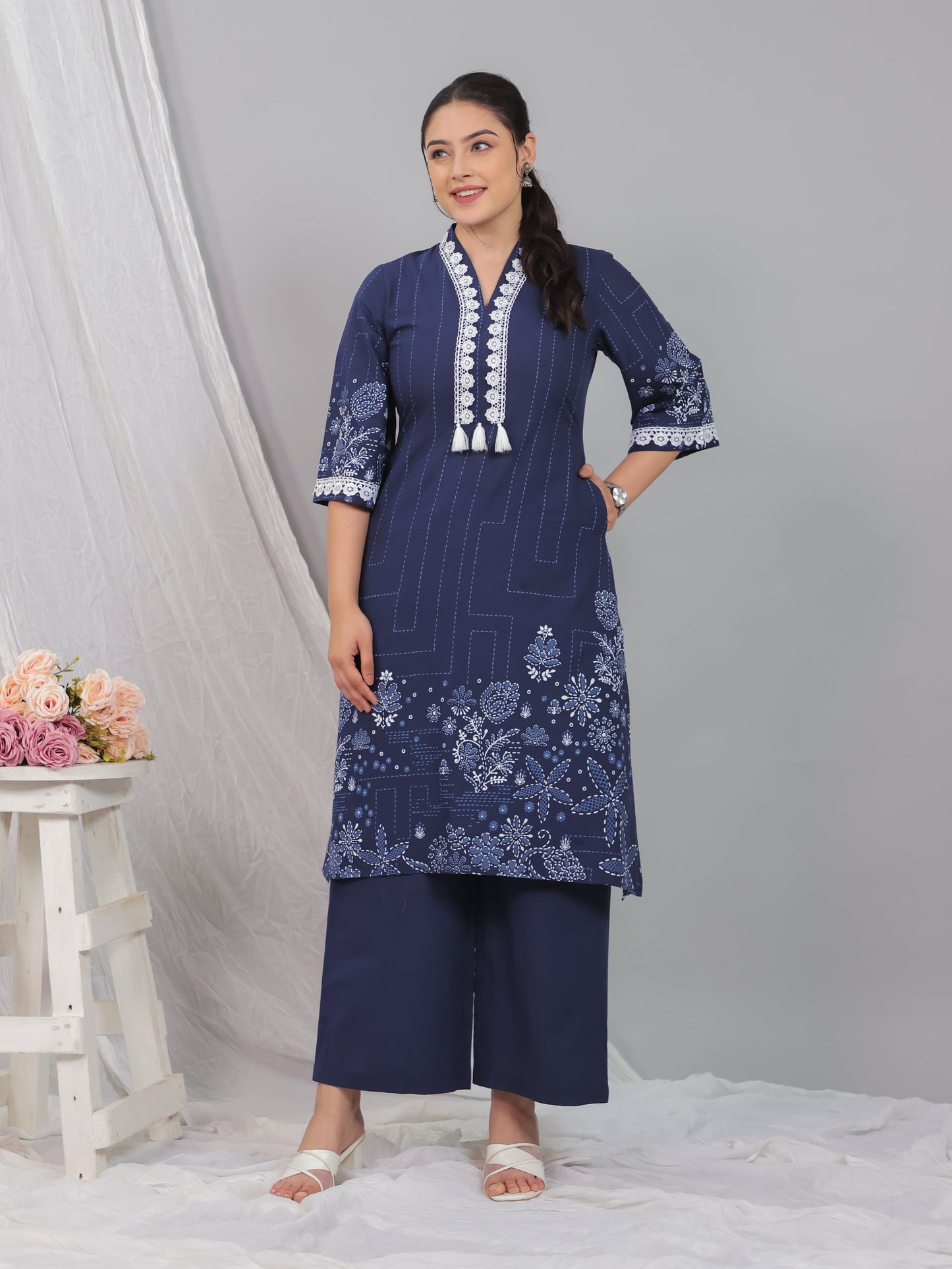 Soft Cotton Placement Print A-line Blue Kurta