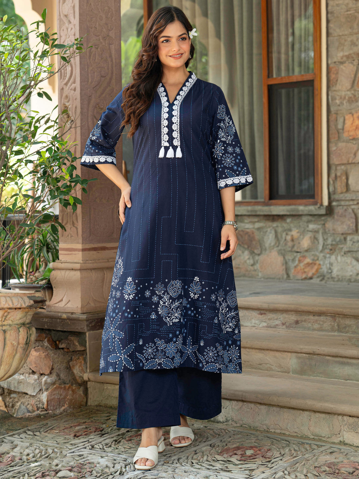 Soft Cotton Placement Print A-line Blue Kurta