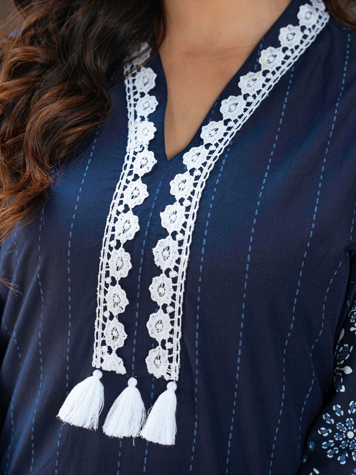 Soft Cotton Placement Print A-line Blue Kurta
