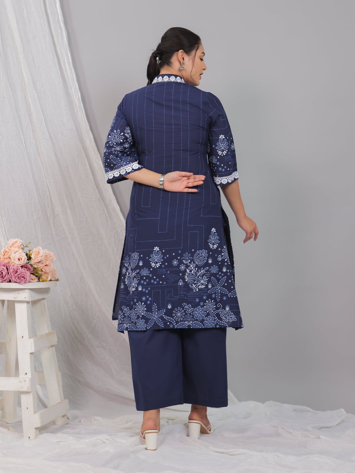 Soft Cotton Placement Print A-line Blue Kurta