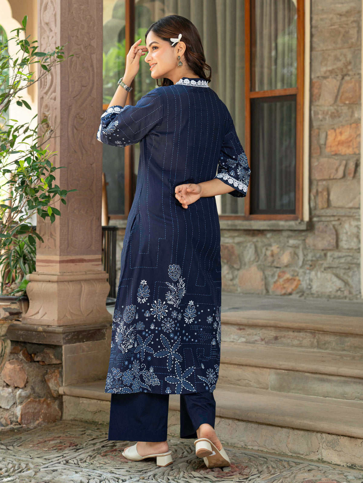 Soft Cotton Placement Print A-line Blue Kurta