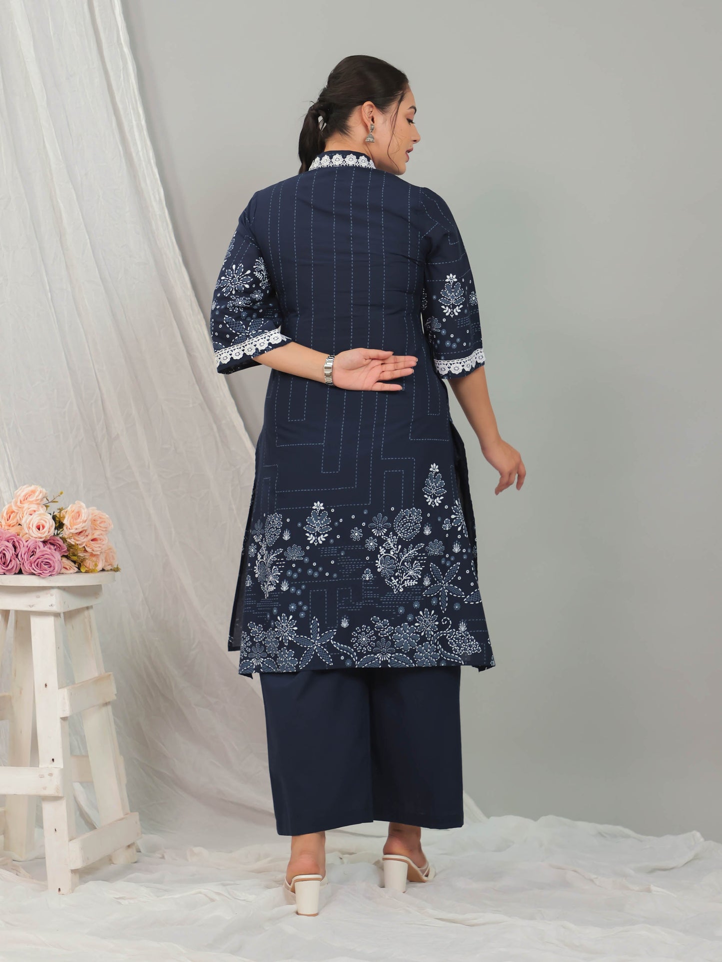 Soft Cotton Placement Print A-line Blue Kurta