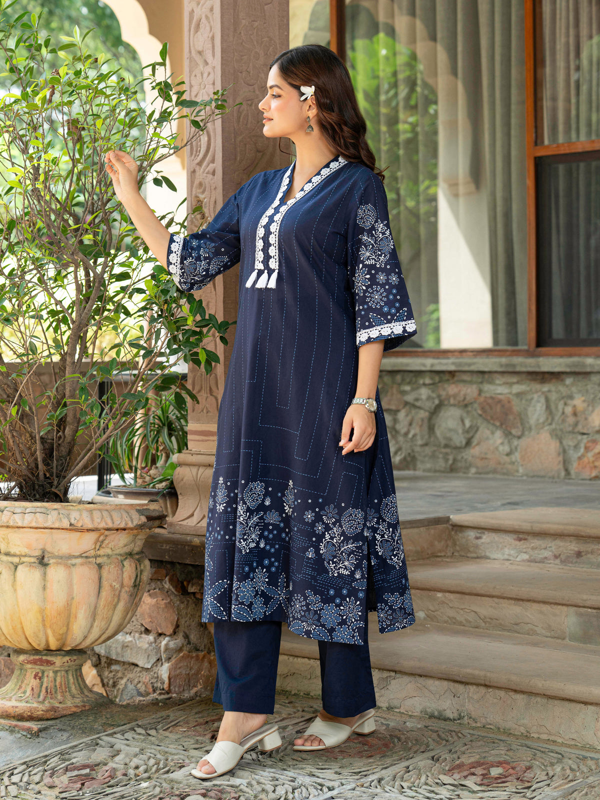 Soft Cotton Placement Print A-line Blue Kurta