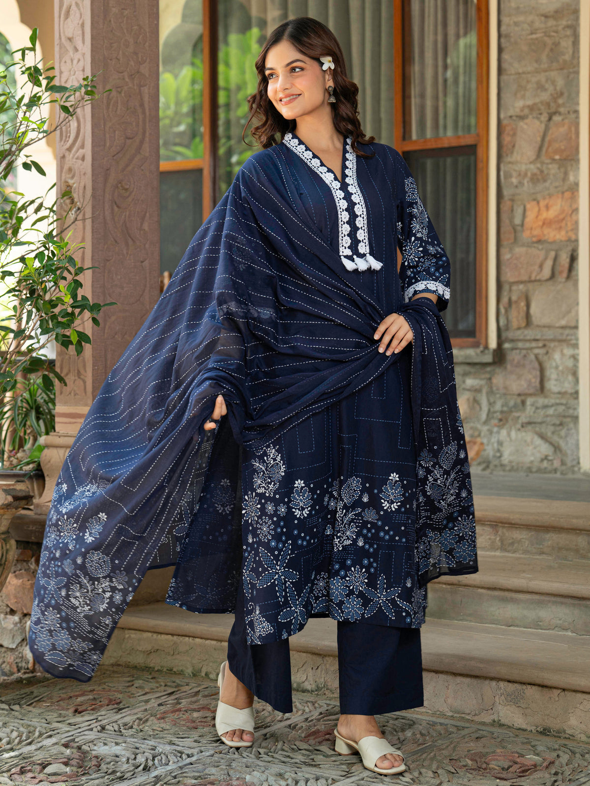 Soft Cotton Placement Print A-line Blue Kurta