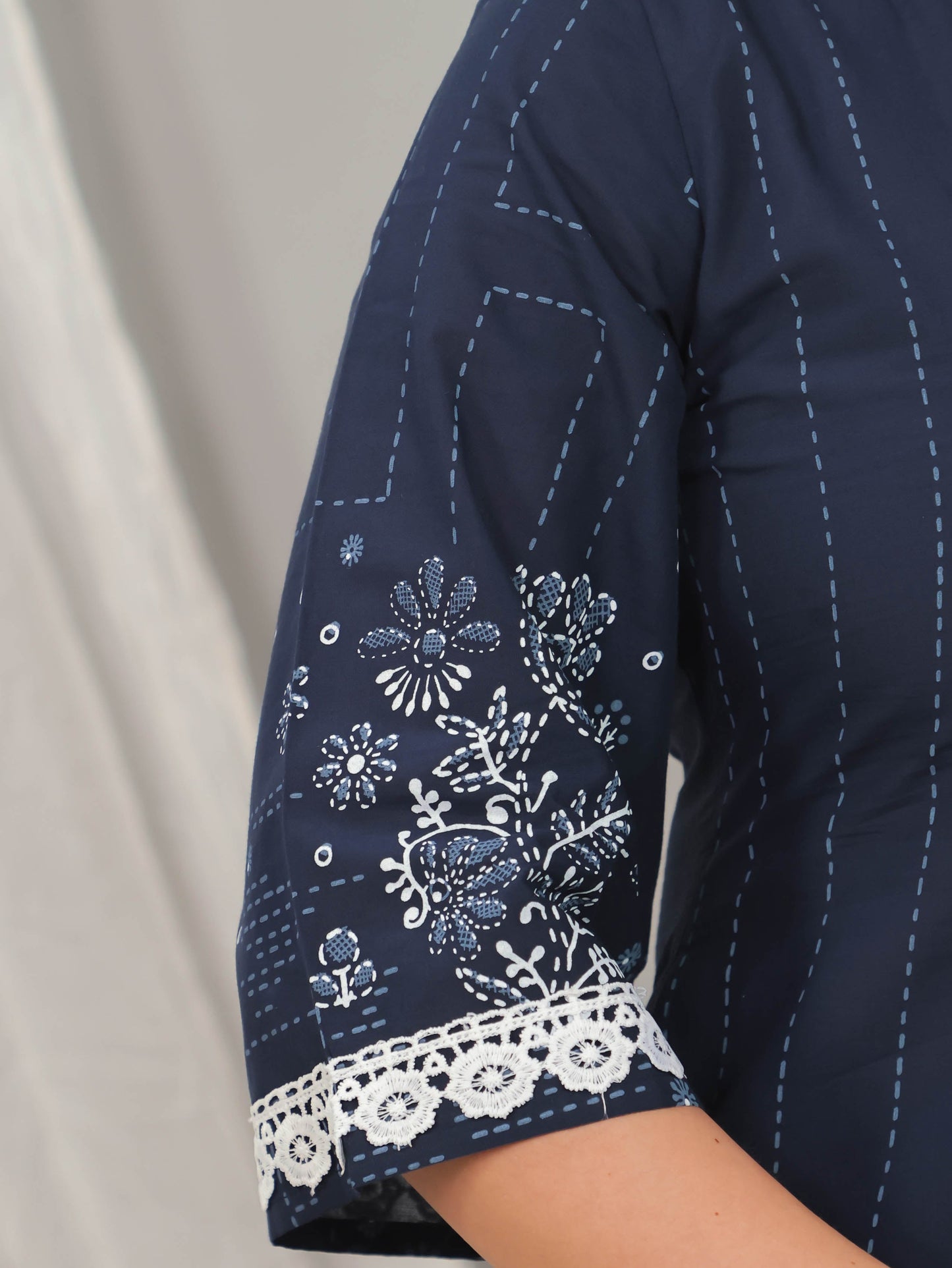 Soft Cotton Placement Print A-line Blue Kurta