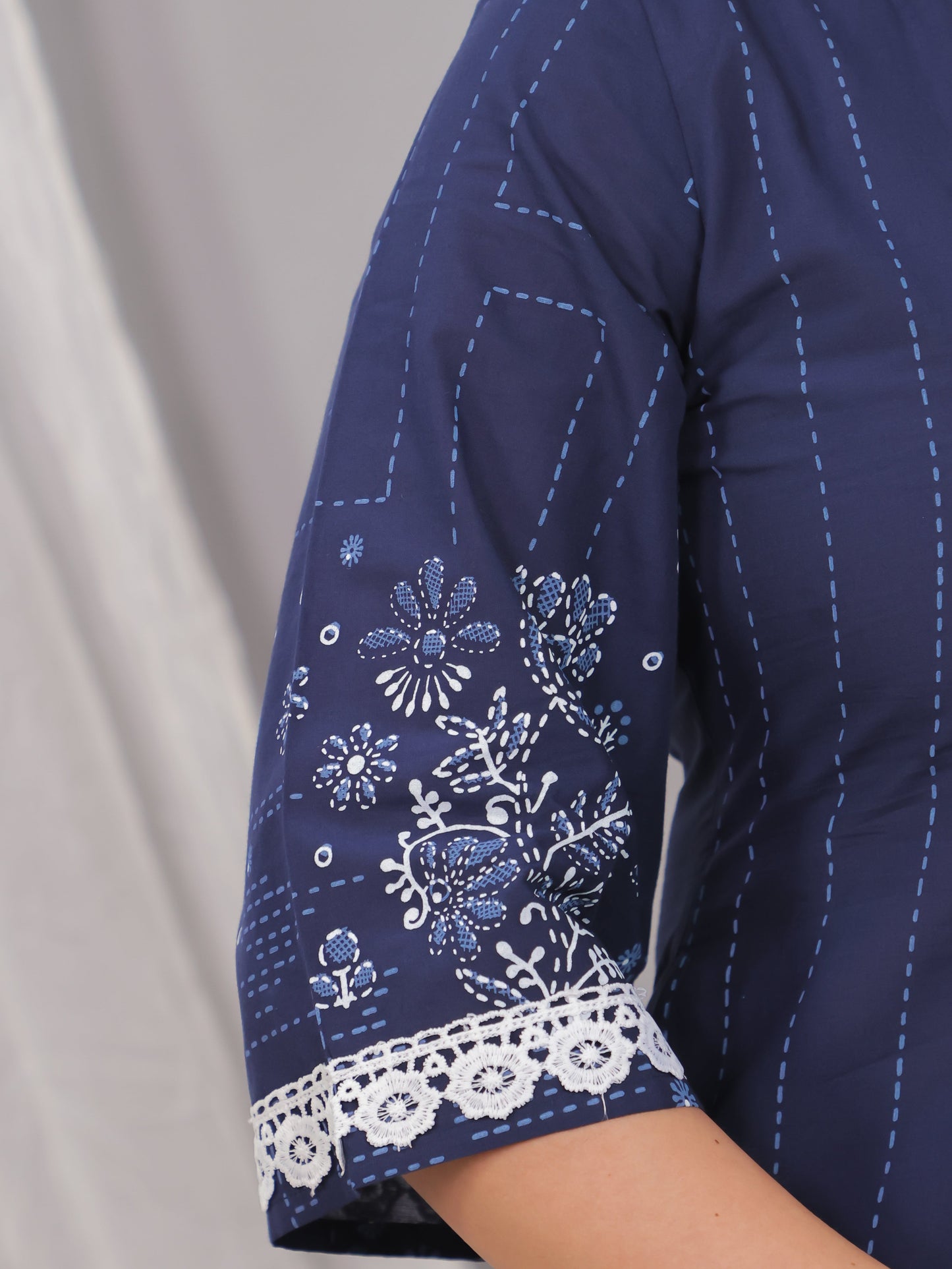 Soft Cotton Placement Print A-line Blue Kurta