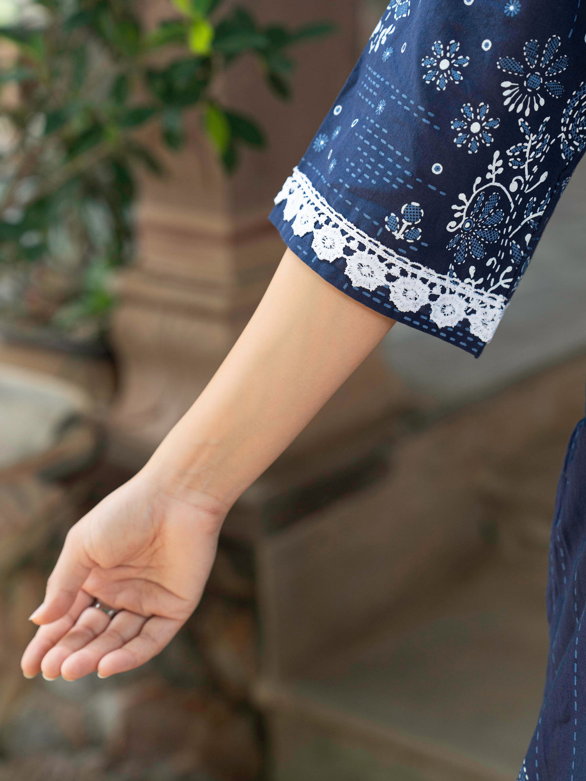 Soft Cotton Placement Print A-line Blue Kurta