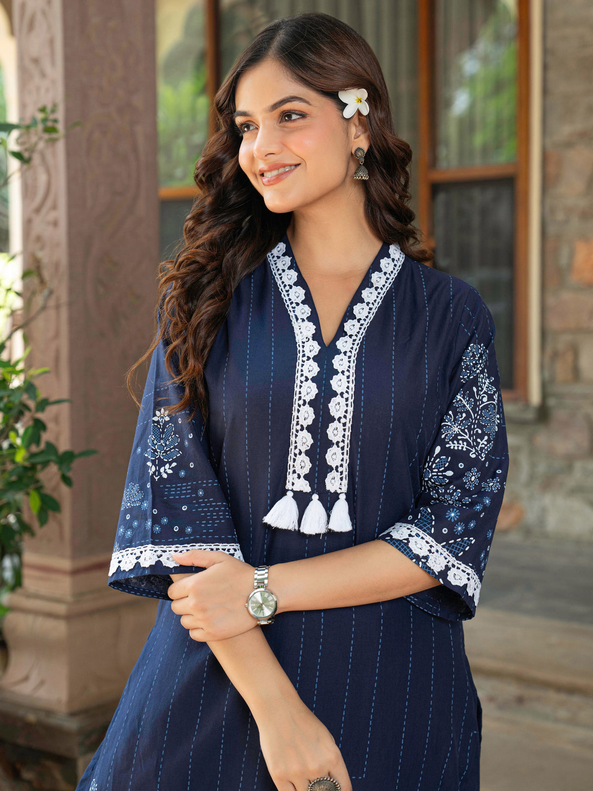 Soft Cotton Placement Print A-line Blue Kurta