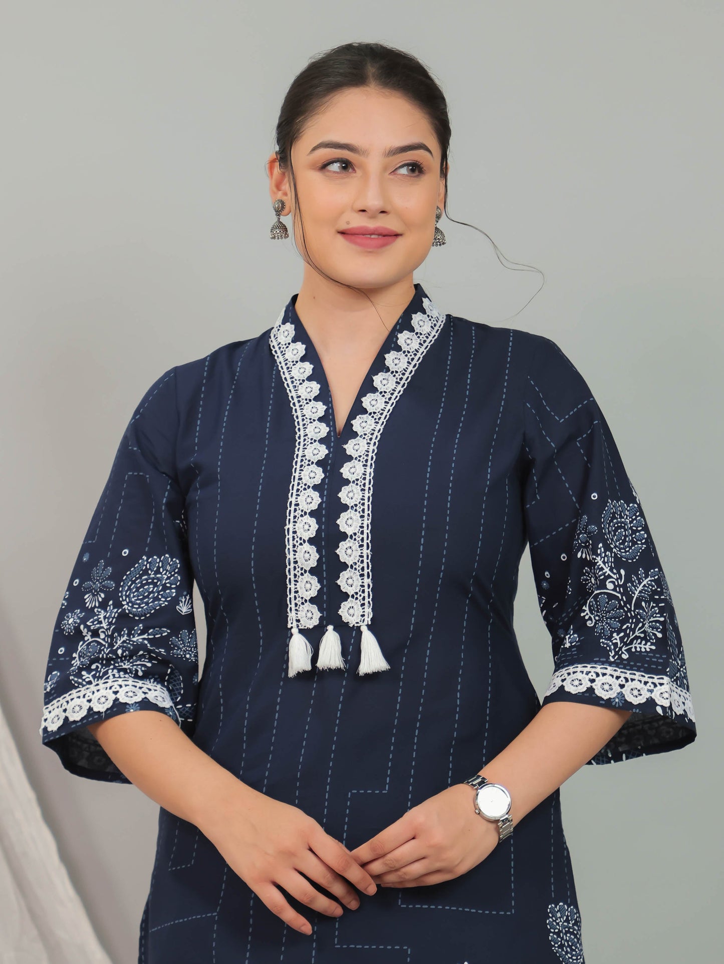 Soft Cotton Placement Print A-line Blue Kurta