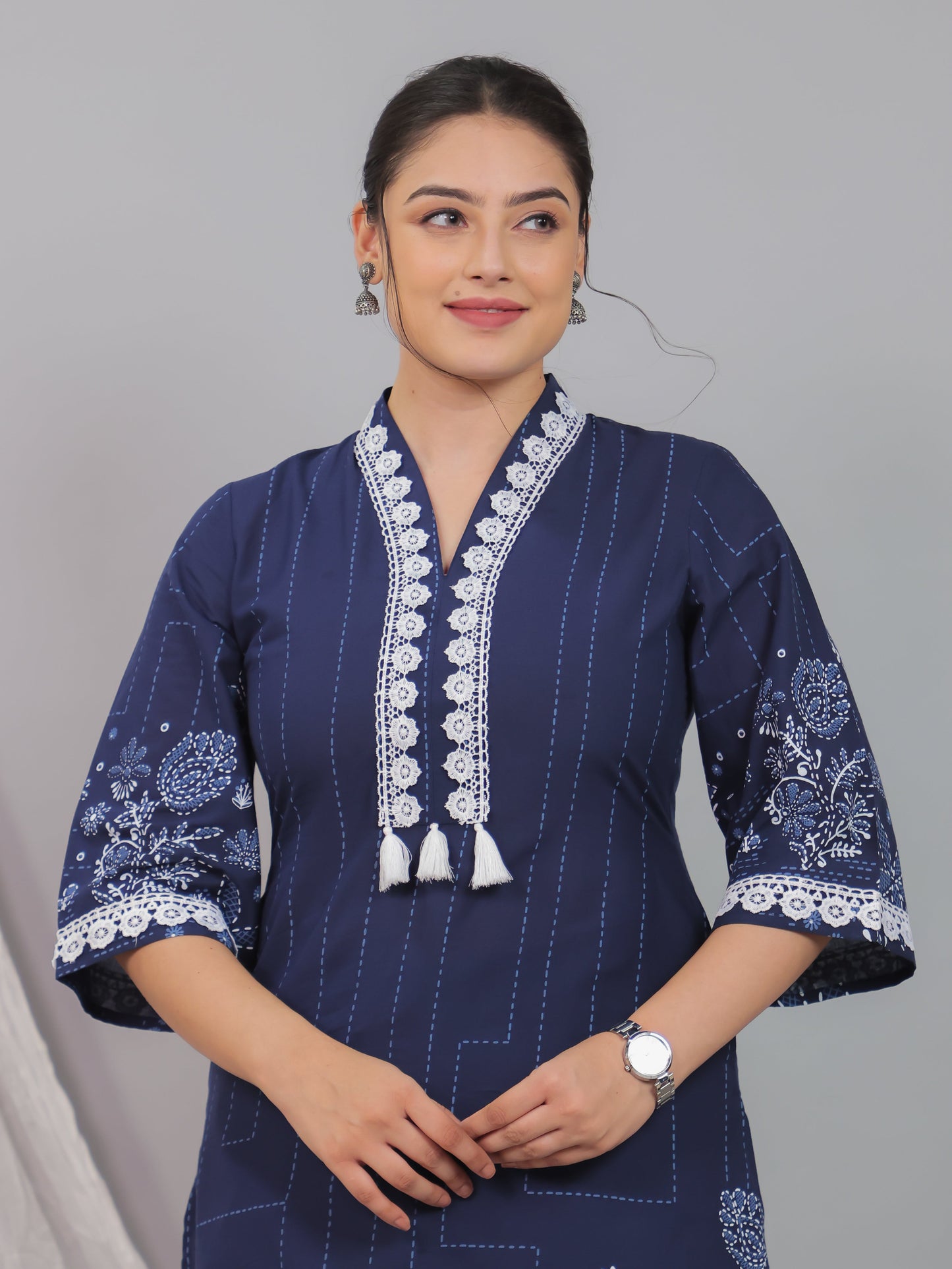 Soft Cotton Placement Print A-line Blue Kurta
