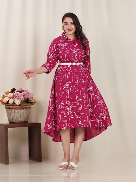 Soft Cotton Abstract Flared Pink Dress