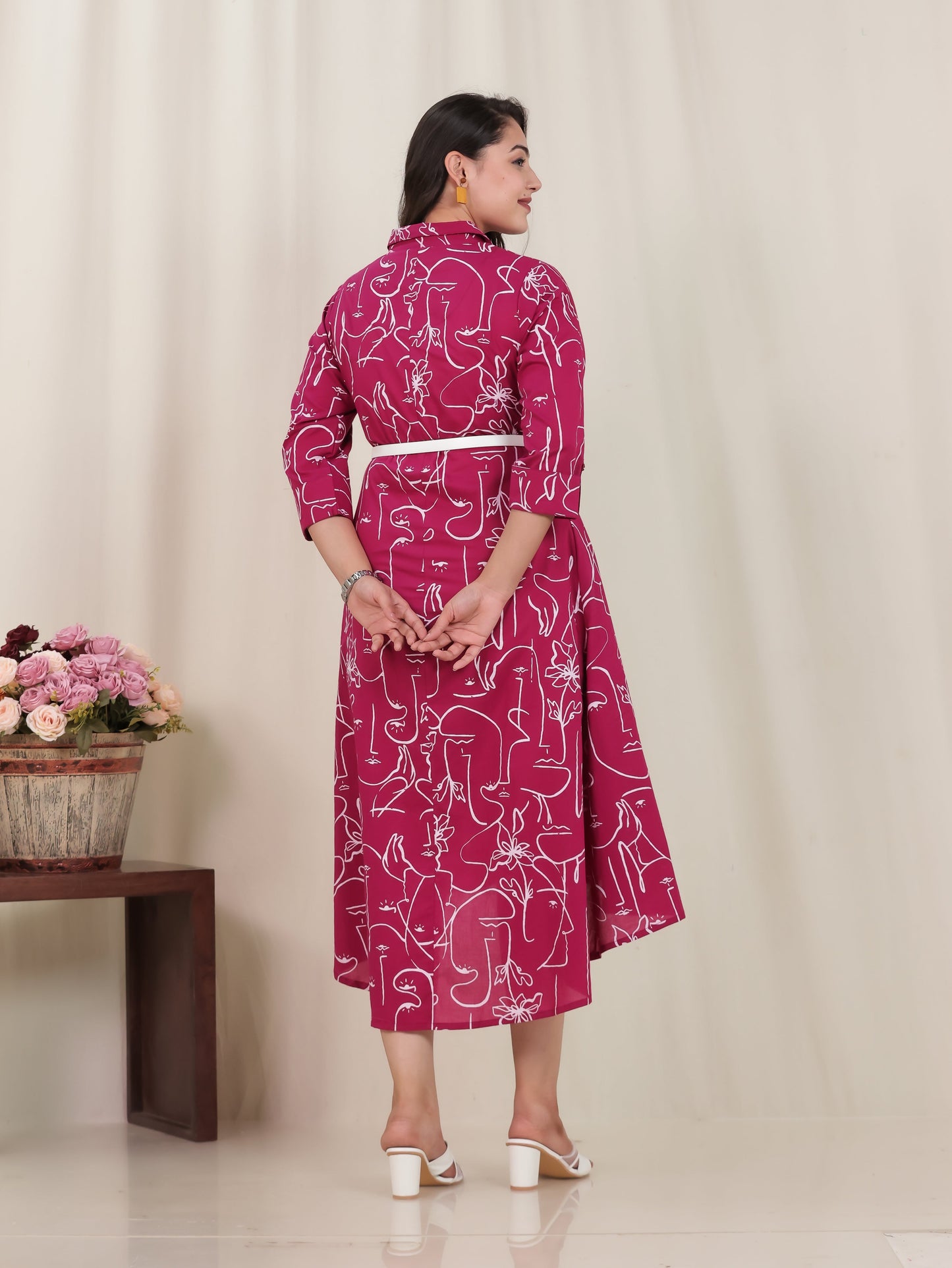 Soft Cotton Abstract Flared Pink Dress