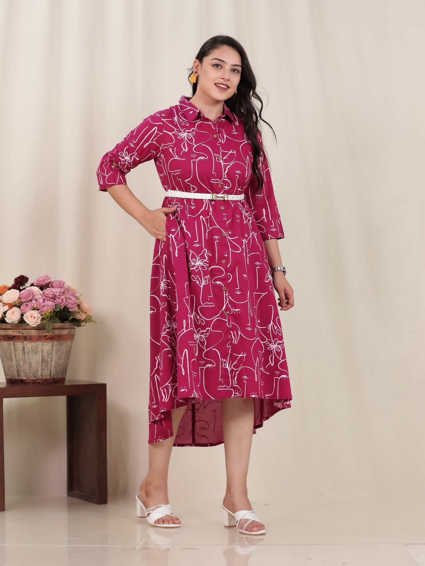 Soft Cotton Abstract Flared Pink Dress