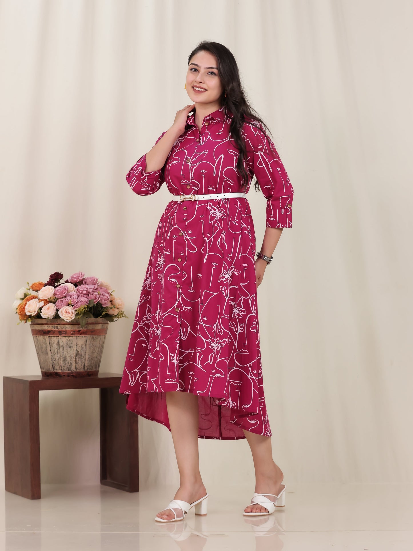 Soft Cotton Abstract Flared Pink Dress