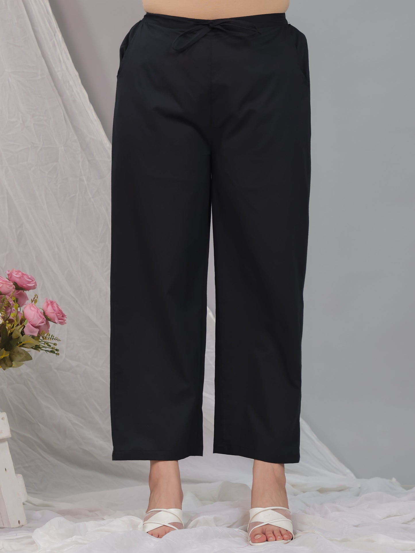 Soft Cotton Solid Black Straight Trousers