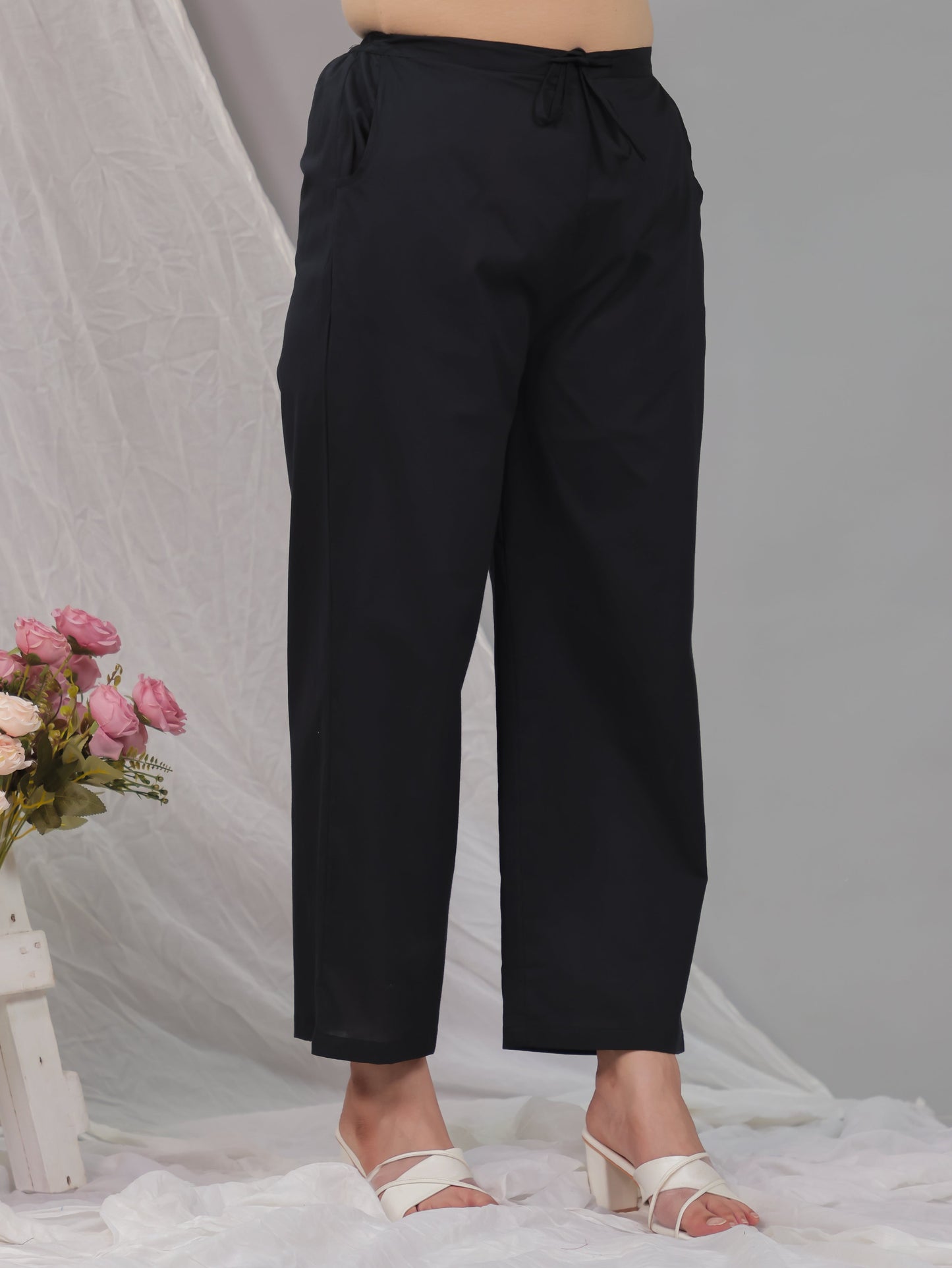 Soft Cotton Solid Black Straight Trousers