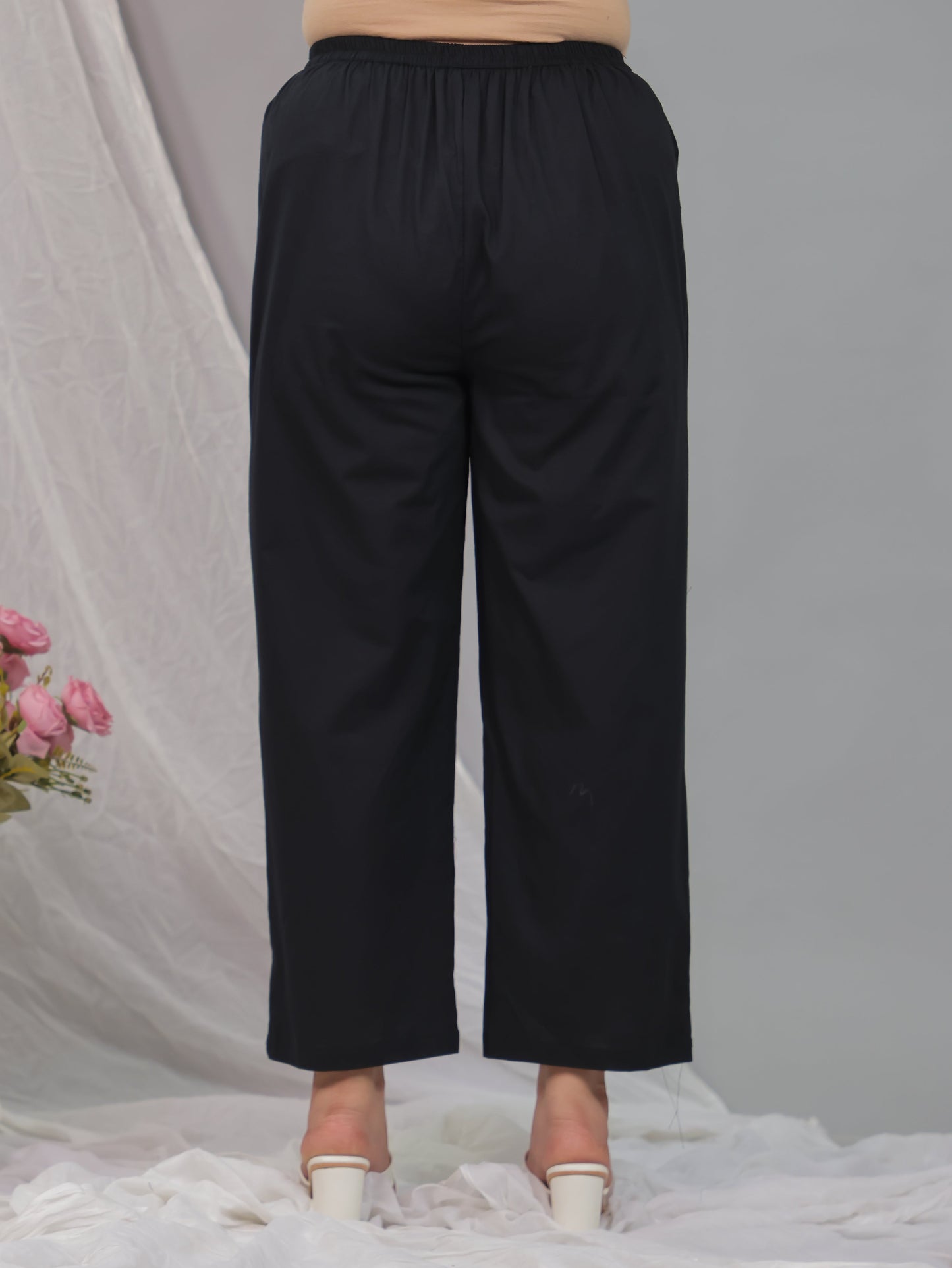 Soft Cotton Solid Black Straight Trousers
