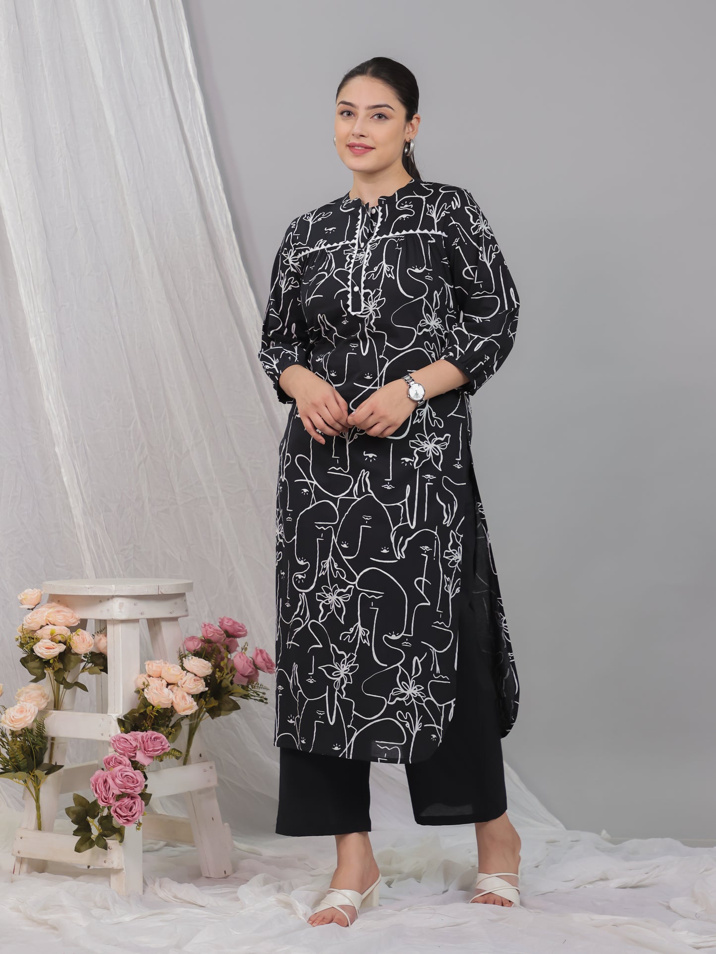 Soft Cotton Abstract Straight Black Kurta